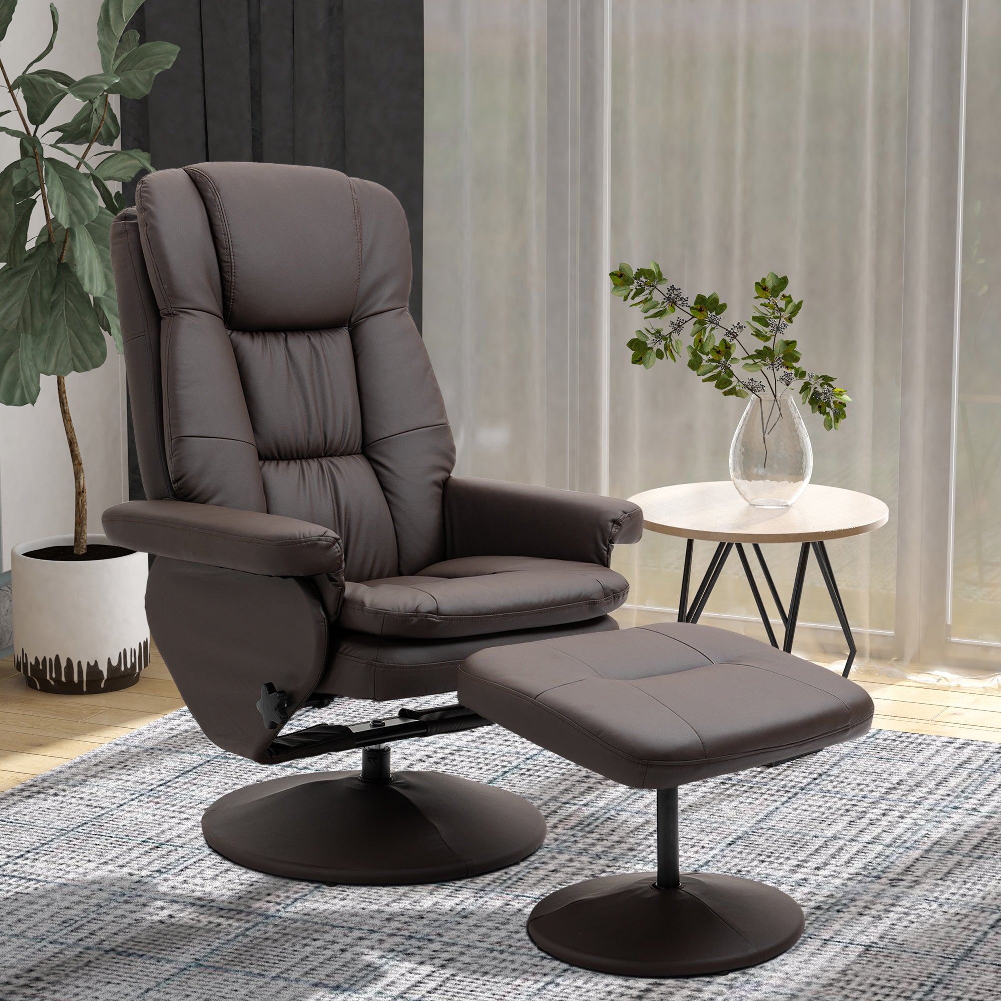 PU Leather Recliner Chair w/ Ottoman, Swivel Recliner w/ Round Wrapped Base, Brown