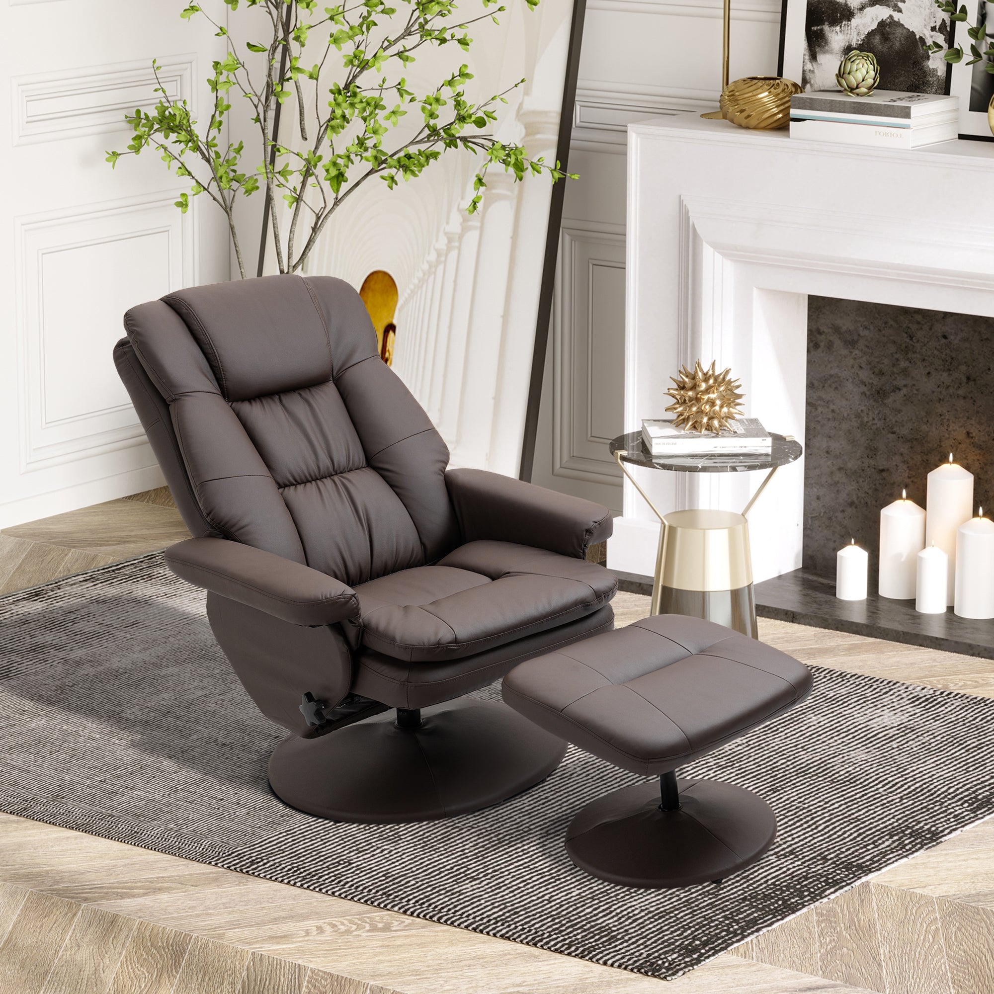 PU Leather Recliner Chair w/ Ottoman, Swivel Recliner w/ Round Wrapped Base, Brown