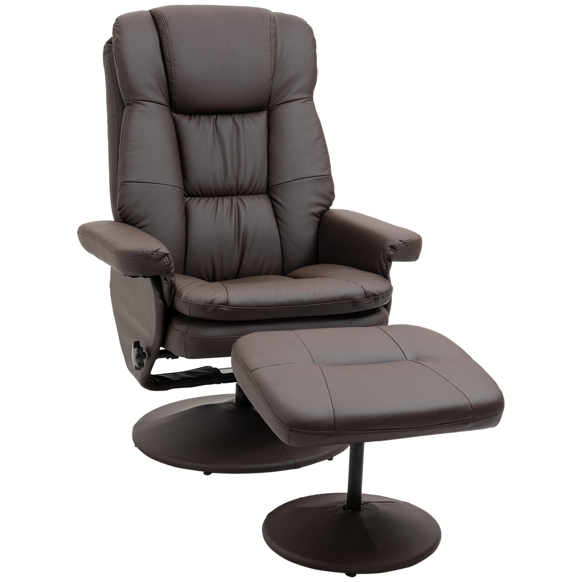 PU Leather Recliner Chair w/ Ottoman, Swivel Recliner w/ Round Wrapped Base, Brown