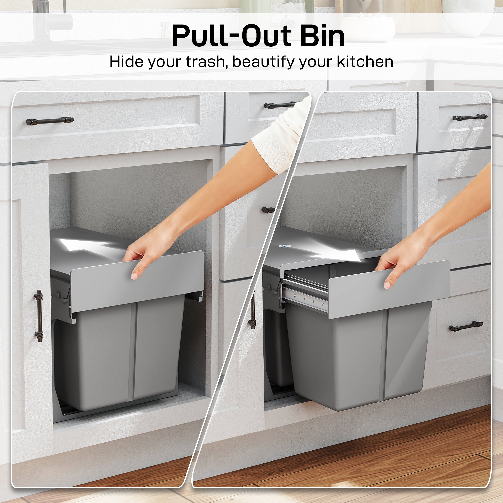 30L Pull Out Bin - 2 Compartments (15L Each), Soft Close Under Sink Bin with Removable Buckets for 400mm Cabinets, Kitchen Waste and Recycling, Base Mounted, Light Grey