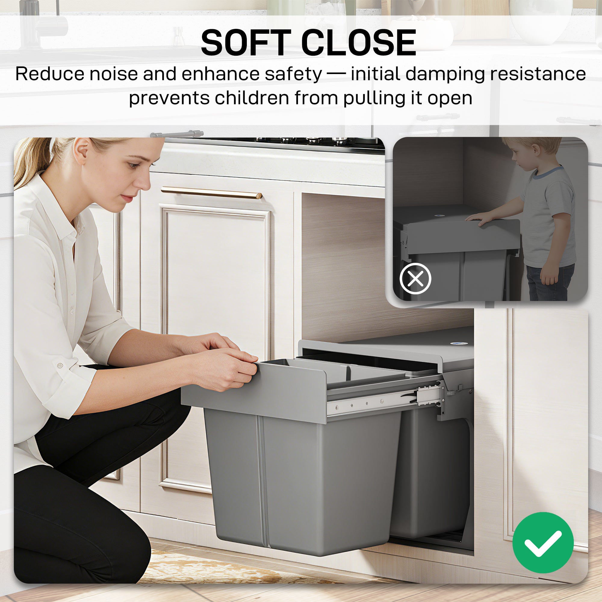 30L Pull Out Bin - 2 Compartments (15L Each), Soft Close Under Sink Bin with Removable Buckets for 400mm Cabinets, Kitchen Waste and Recycling, Base Mounted, Light Grey
