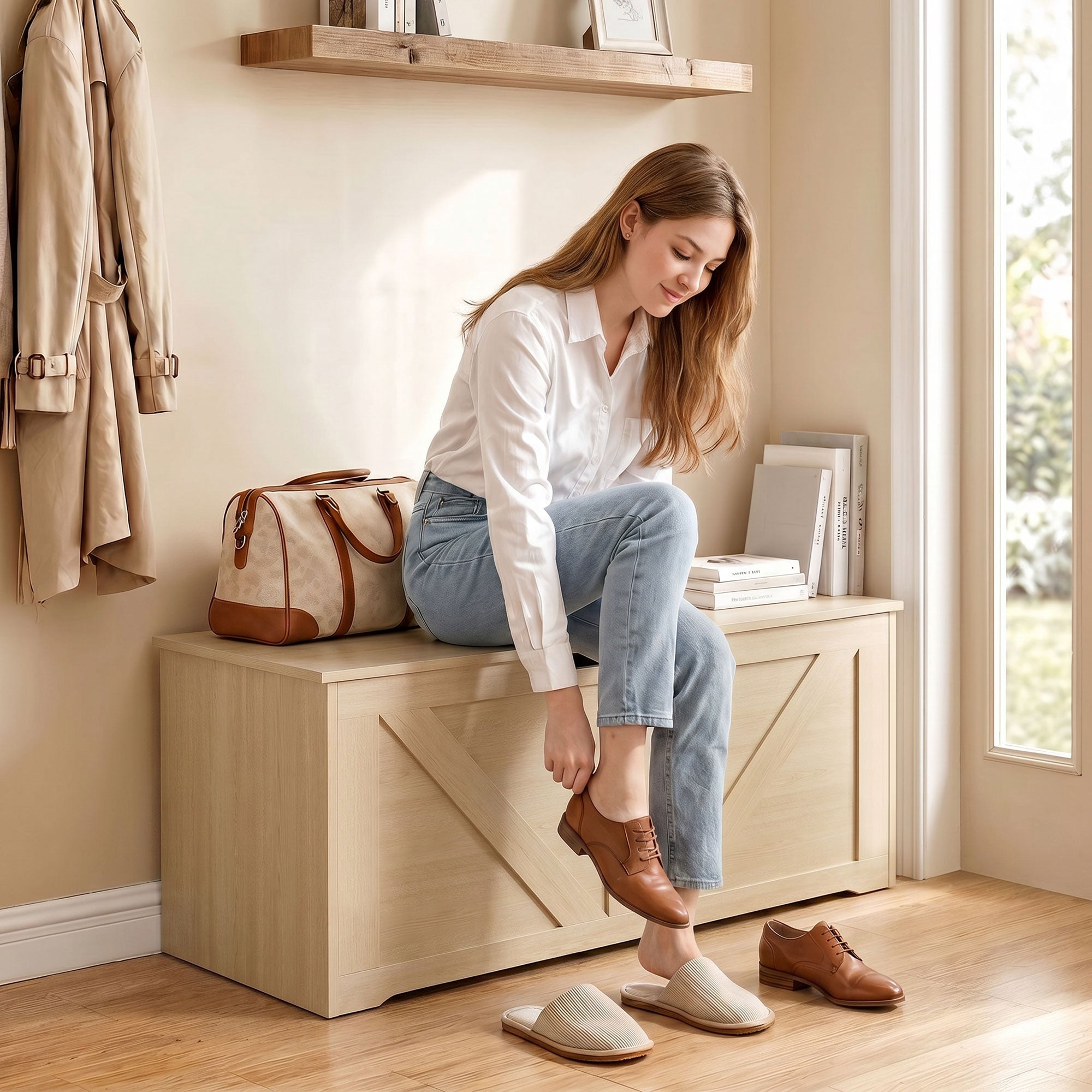 100L Storage Chest, Shoe Storage Trunk Bench Box with Safety Hinge and U-shaped Cut-out Pull, Blanket Box Ottoman for Bedroom, Living Room, Entryway, 80 x 40 x 45 cm, Nature Wood Finish