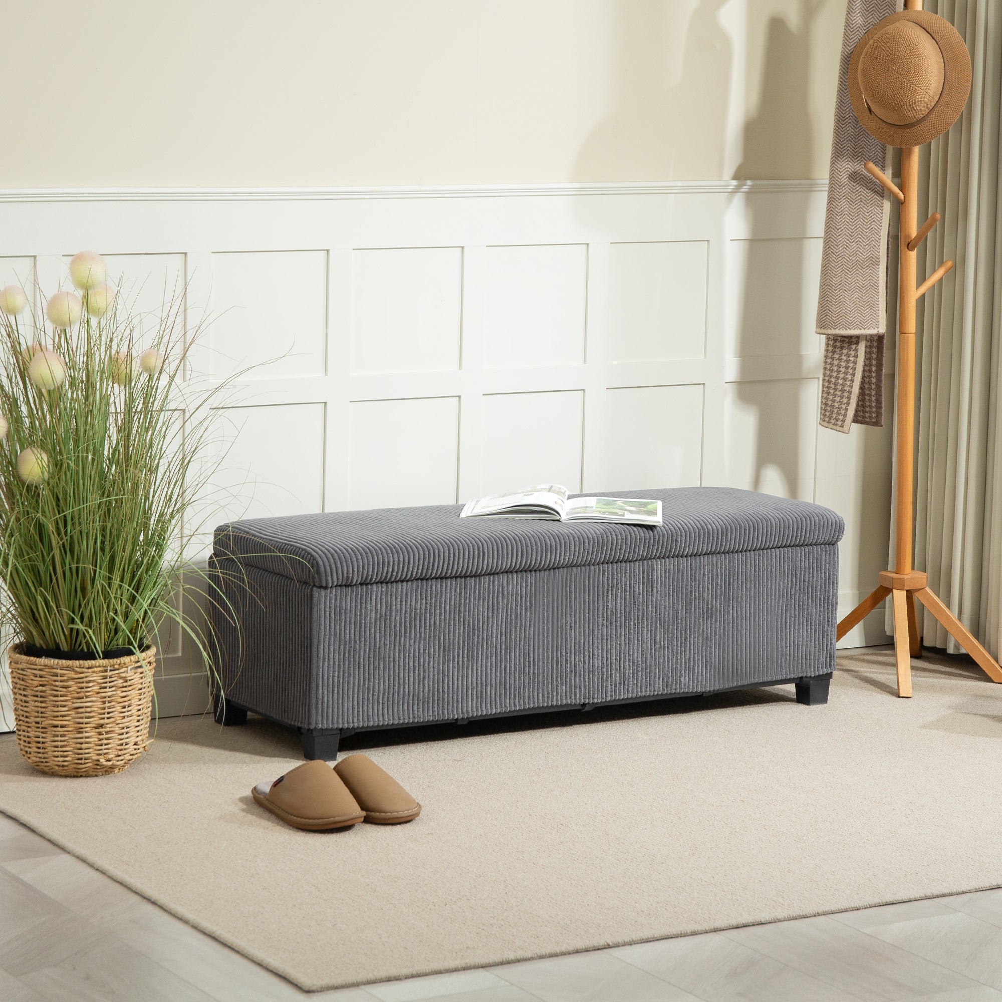HOMCOM 47 Inches Storage Ottoman Bench, Foot Rest with Legs, Removable Lid, End of Bed Bench, Corduroy Storage Chest for Living Room, Bedroom, Entryway, Gray