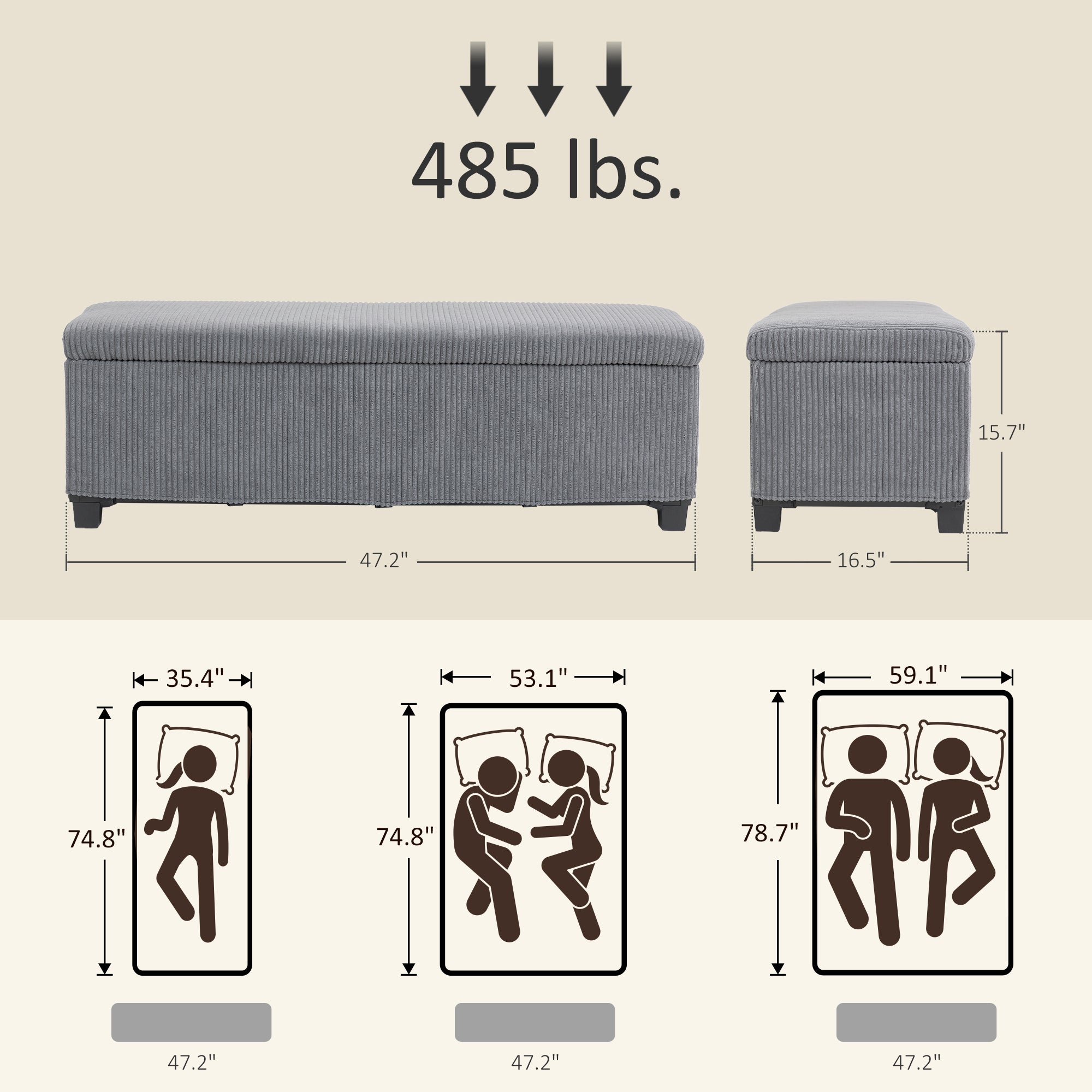 HOMCOM 47 Inches Storage Ottoman Bench, Foot Rest with Legs, Removable Lid, End of Bed Bench, Corduroy Storage Chest for Living Room, Bedroom, Entryway, Gray