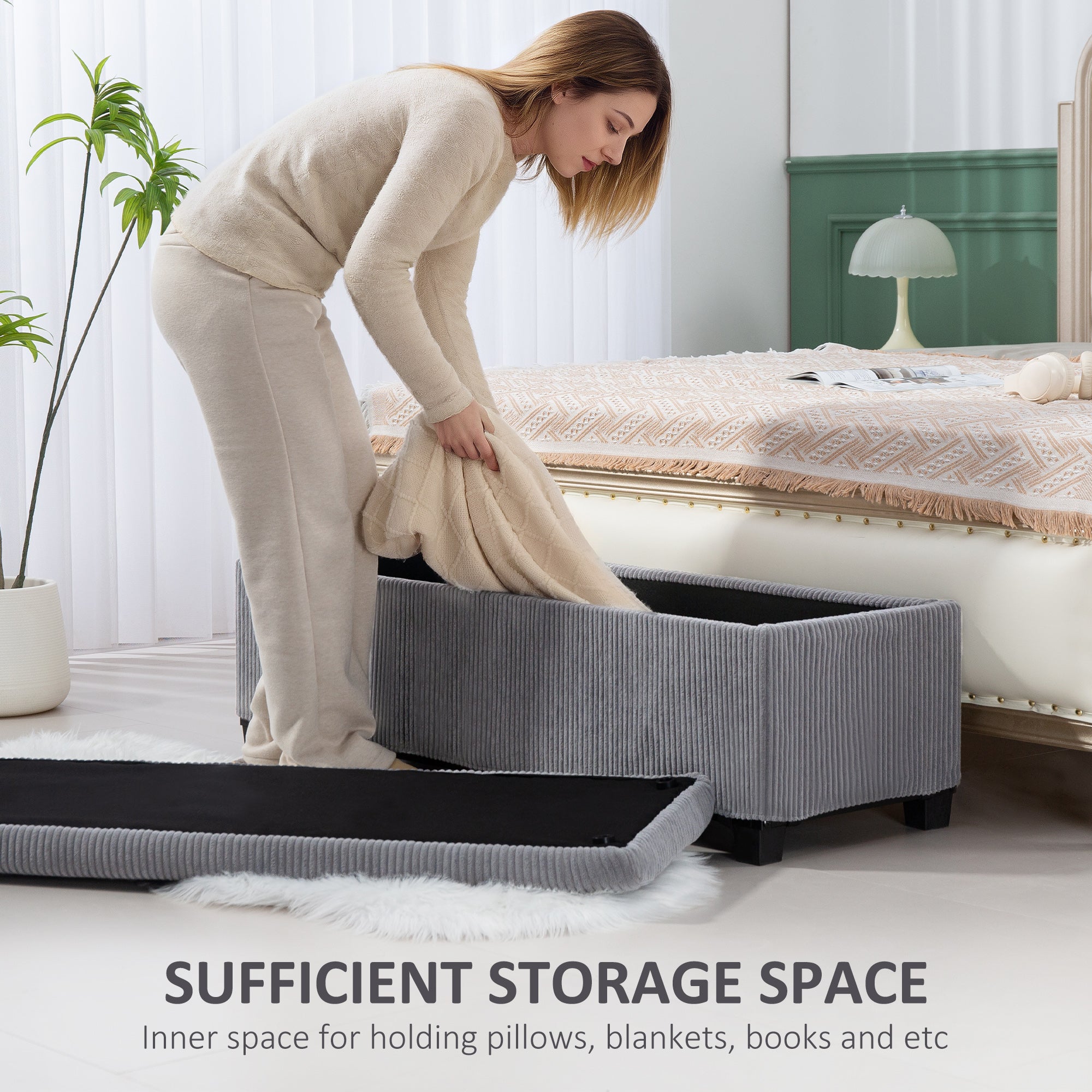 HOMCOM 47 Inches Storage Ottoman Bench, Foot Rest with Legs, Removable Lid, End of Bed Bench, Corduroy Storage Chest for Living Room, Bedroom, Entryway, Gray