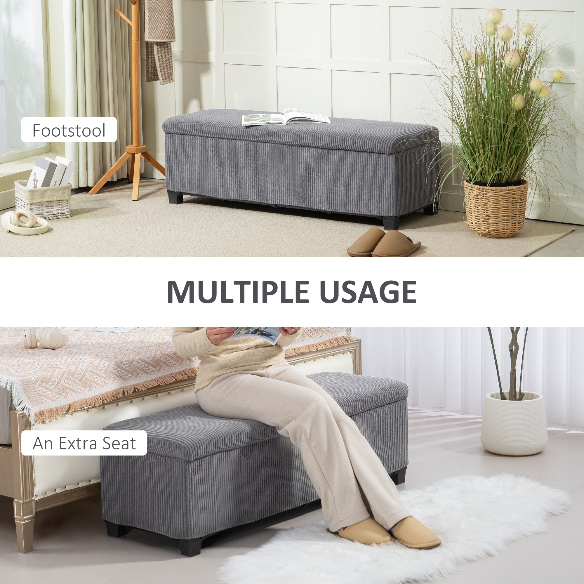 HOMCOM 47 Inches Storage Ottoman Bench, Foot Rest with Legs, Removable Lid, End of Bed Bench, Corduroy Storage Chest for Living Room, Bedroom, Entryway, Gray
