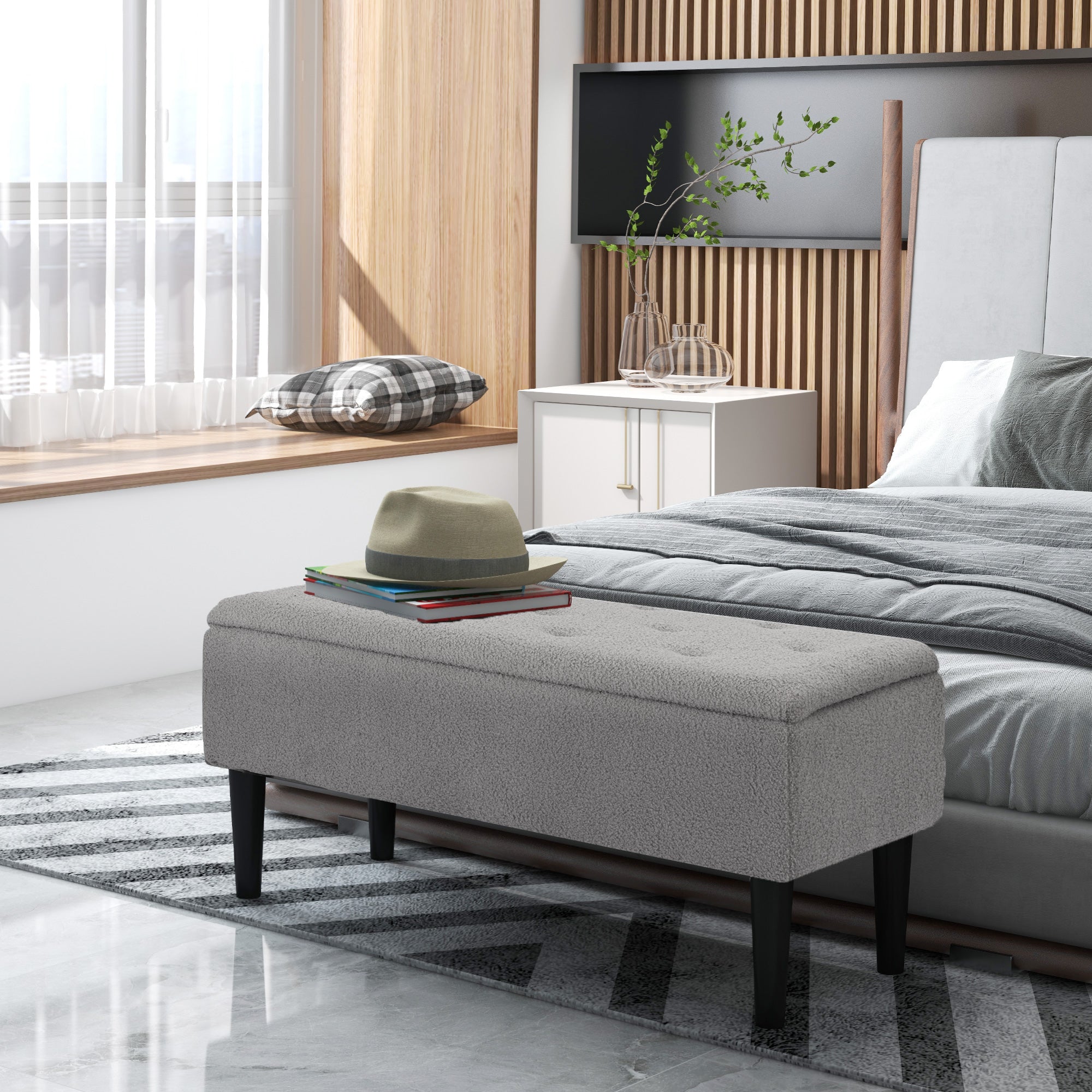 HOMCOM 47L Storage Ottoman, End of Bed Bench with Wooden Legs, Fabric Footstool for Living Room, Bedroom, 95 x 38 x 45cm, Grey