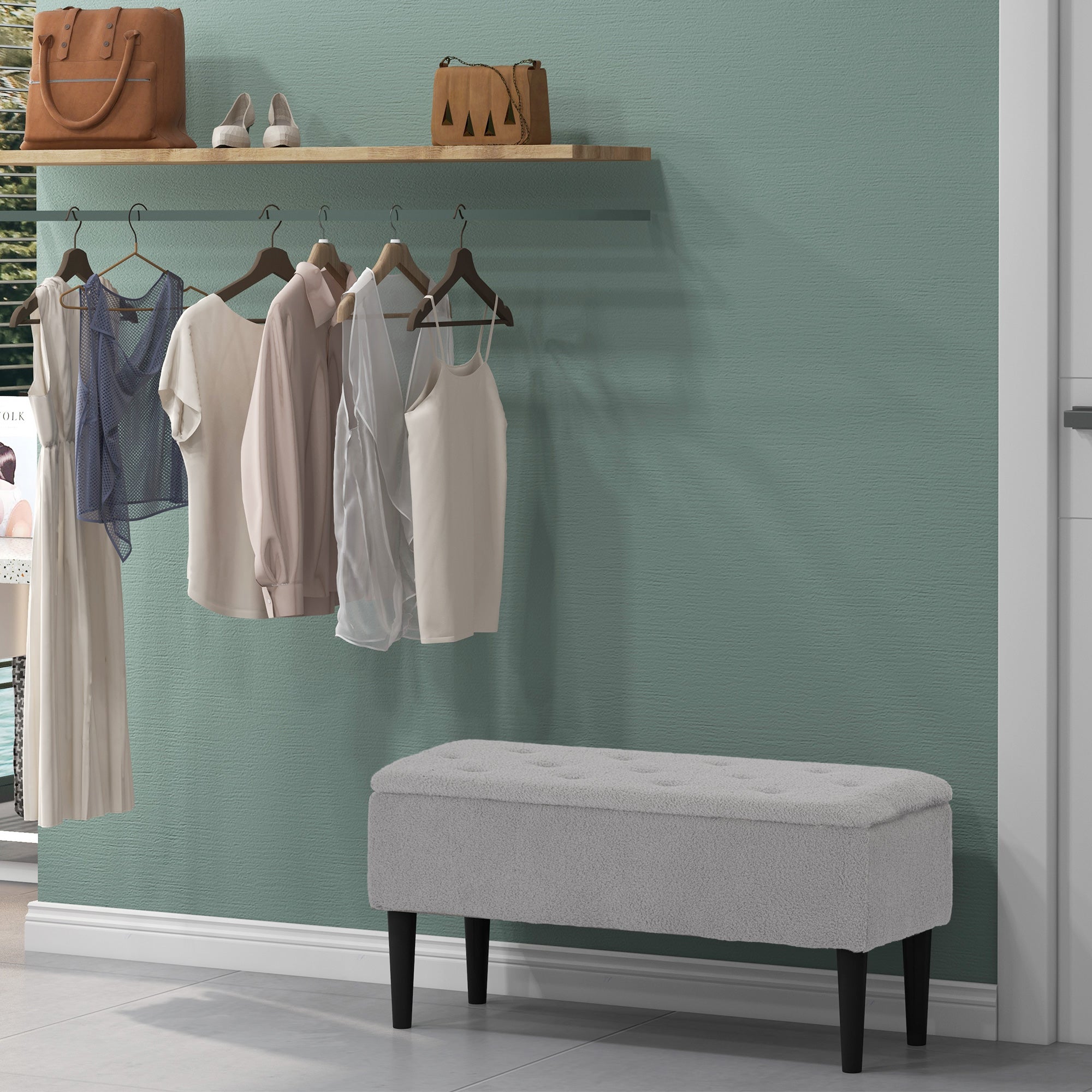 HOMCOM 47L Storage Ottoman, End of Bed Bench with Wooden Legs, Fabric Footstool for Living Room, Bedroom, 95 x 38 x 45cm, Grey