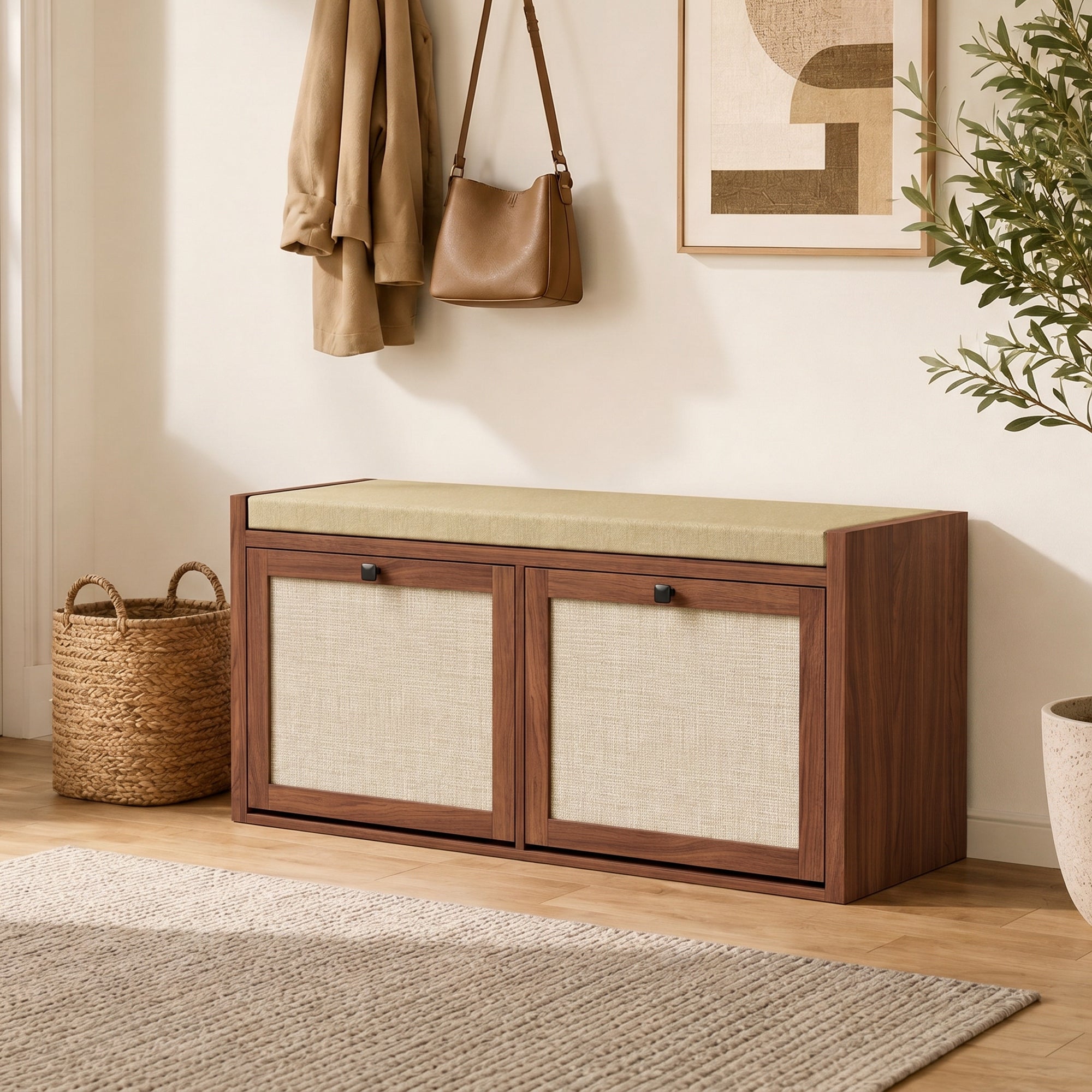 Shoe Bench with 2 Rattan Doors, Shoe Storage Bench with Padded Cushion Seat for Hallway, Living Room, Bedroom, Brown