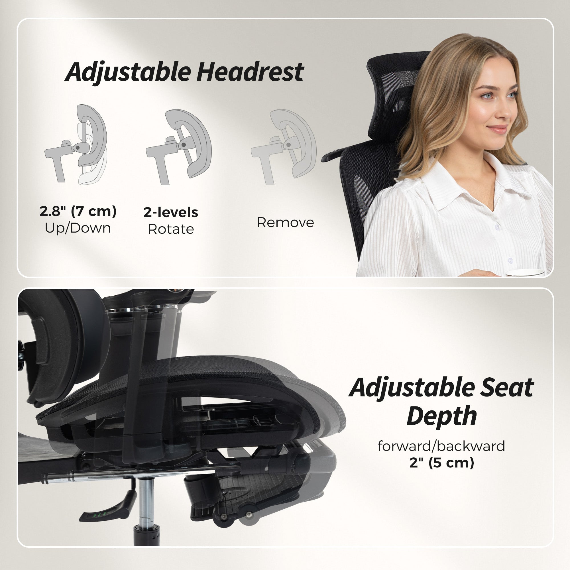 Ergonomic Office Chair, Mesh Computer Desk Chair with 6D Armrests, Adjustable Headrest, Lumbar Support and Seat Depth, Footrest, High Back, Reclining Backrest, Black