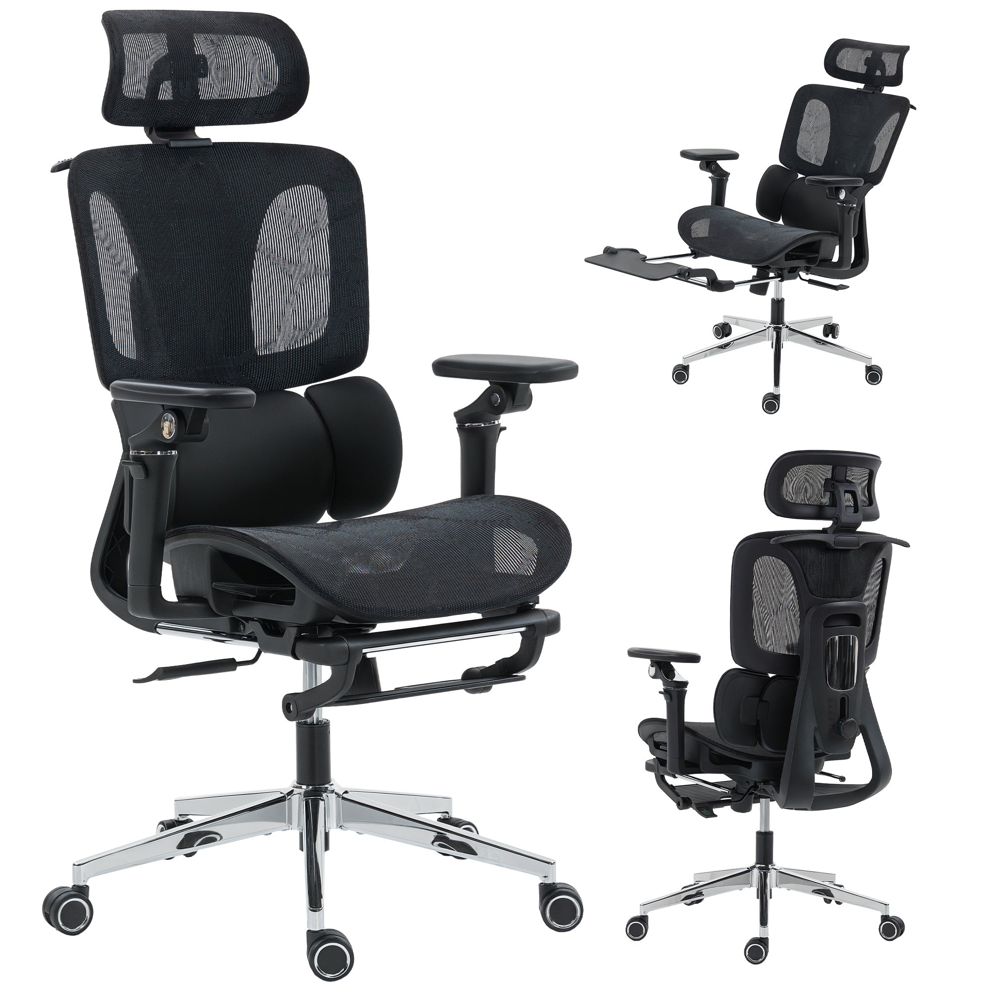 Ergonomic Office Chair, Mesh Computer Desk Chair with 6D Armrests, Adjustable Headrest, Lumbar Support and Seat Depth, Footrest, High Back, Reclining Backrest, Black