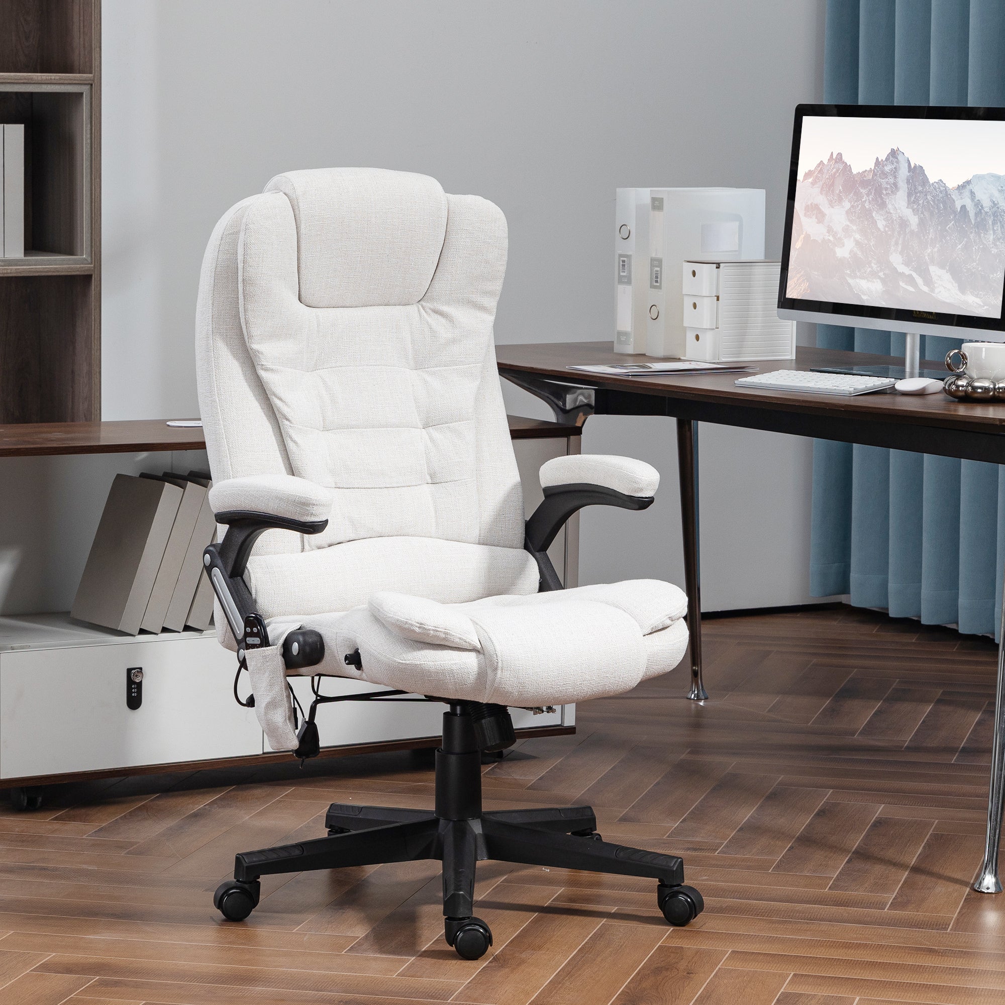 6 Point Vibrating Massage Office Chair, Linen High Back Desk Chair with Heat, White