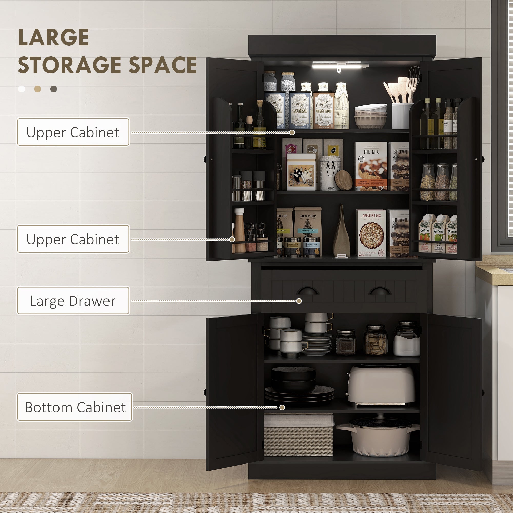 71" Pantry Cabinet with LED Motion Sensor Light, Freestanding Kitchen Pantry with 6 Spice Racks, Drawer and Adjustable Shelves, Tall Buffet Cabinet with Hutch, Black
