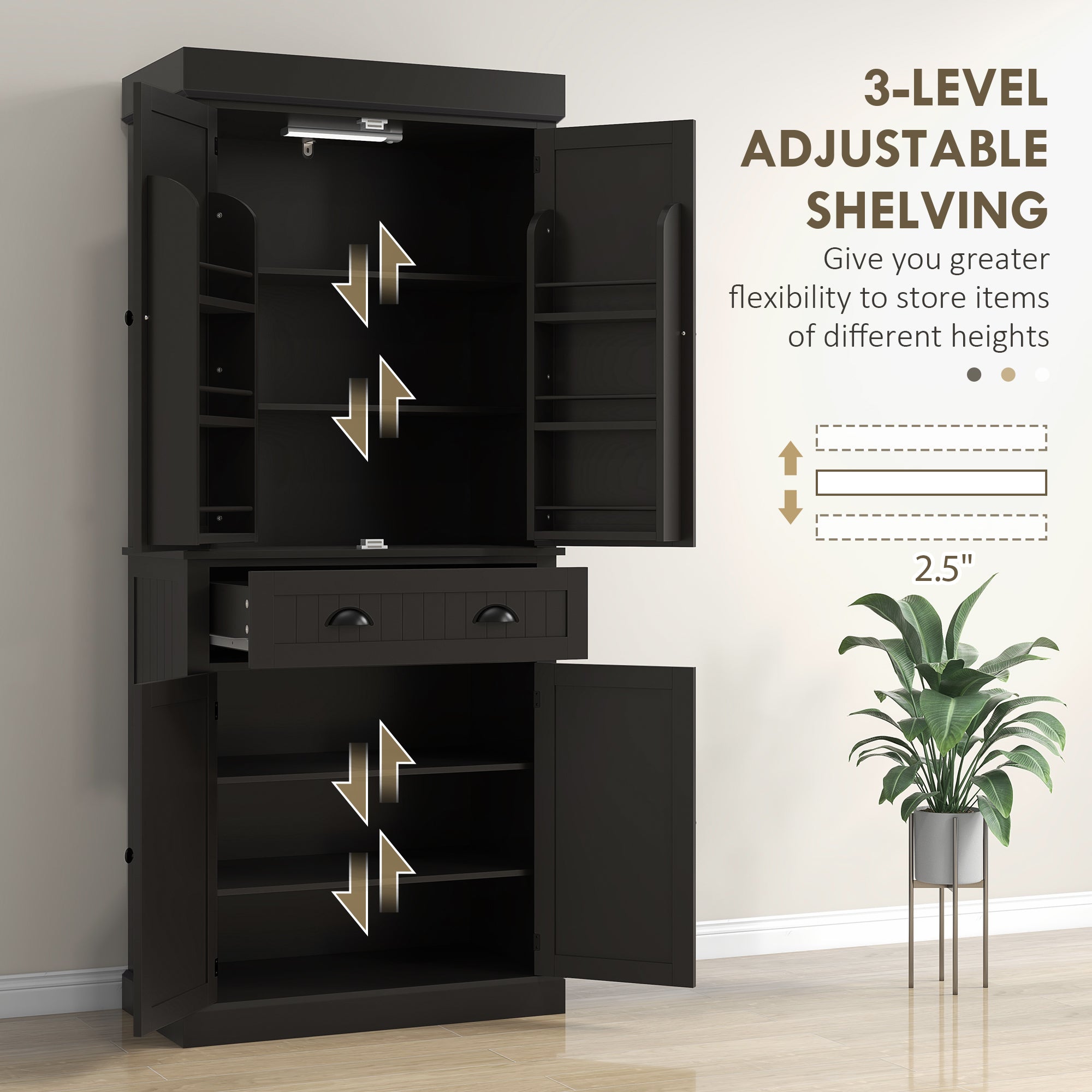 71" Pantry Cabinet with LED Motion Sensor Light, Freestanding Kitchen Pantry with 6 Spice Racks, Drawer and Adjustable Shelves, Tall Buffet Cabinet with Hutch, Black