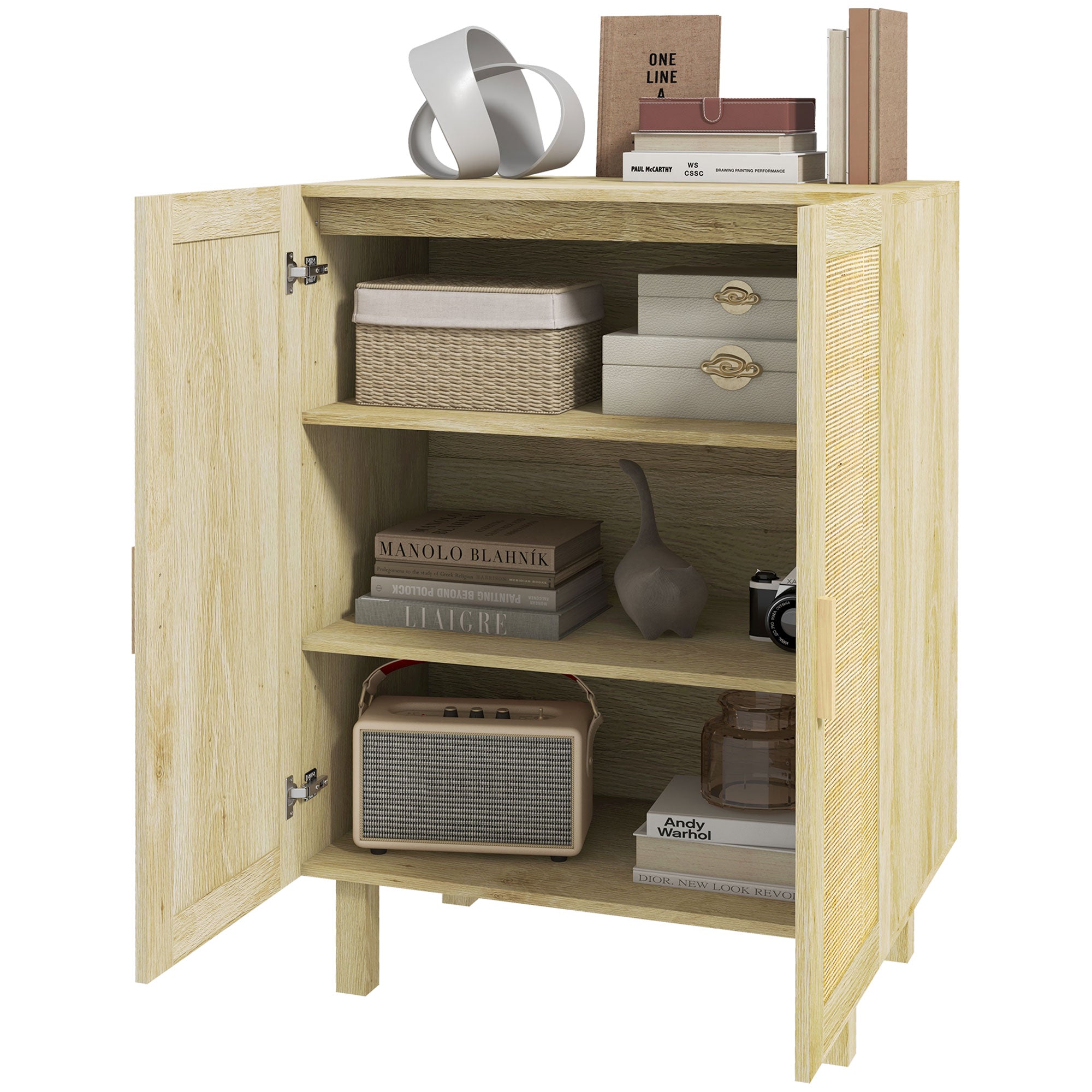 Boho Sideboard, Buffet Cabinet with Storage, 29" Coffee Bar Cabinet with Rattan Doors and Adjustable Shelves, Natural Wood