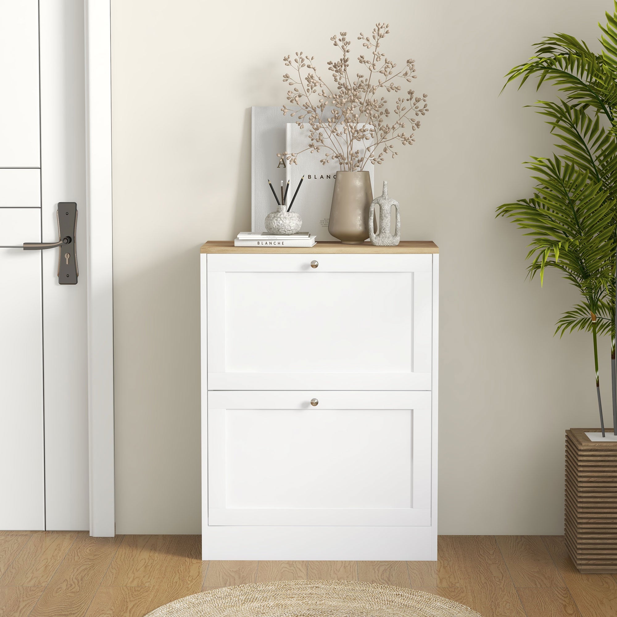 Slim Shoe Storage Cabinet with 2 Flip Drawers for 12 Pairs White