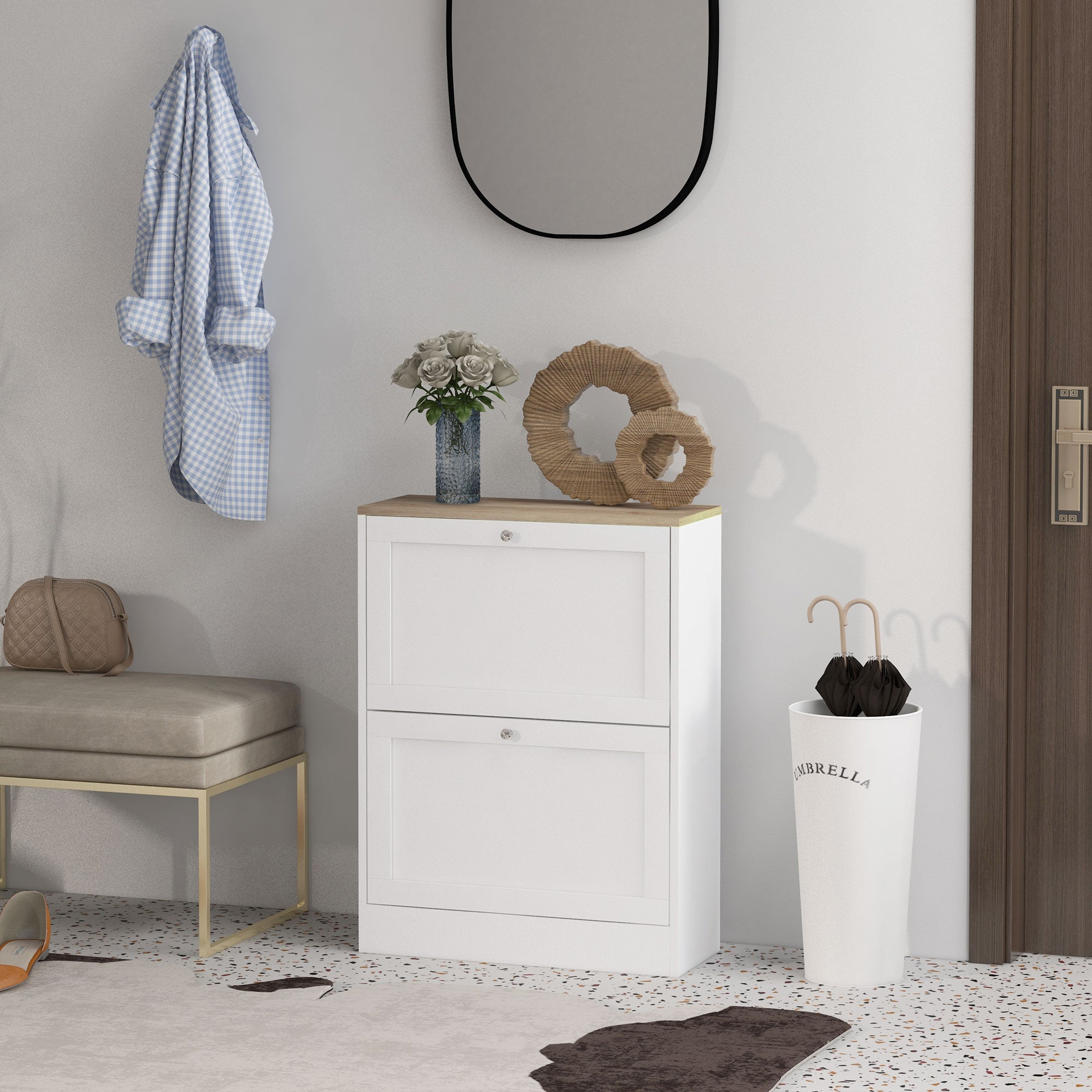 Slim Shoe Storage Cabinet with 2 Flip Drawers for 12 Pairs White