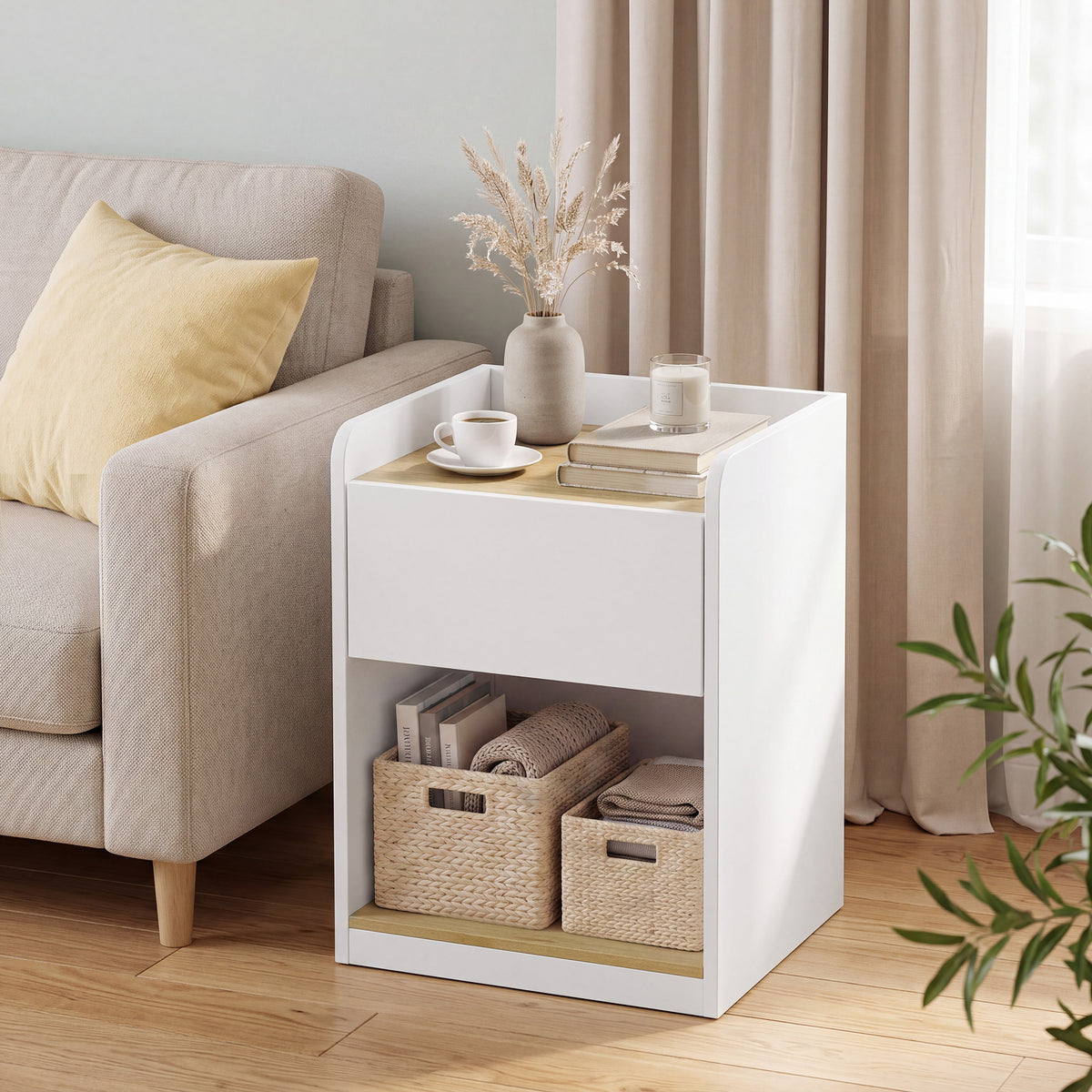 Modern Bedside Table, Slim Nightstand with Drawer, Shelf and Cable Holes, Bedside Cabinet for Bedroom, Living Room, White and Oak