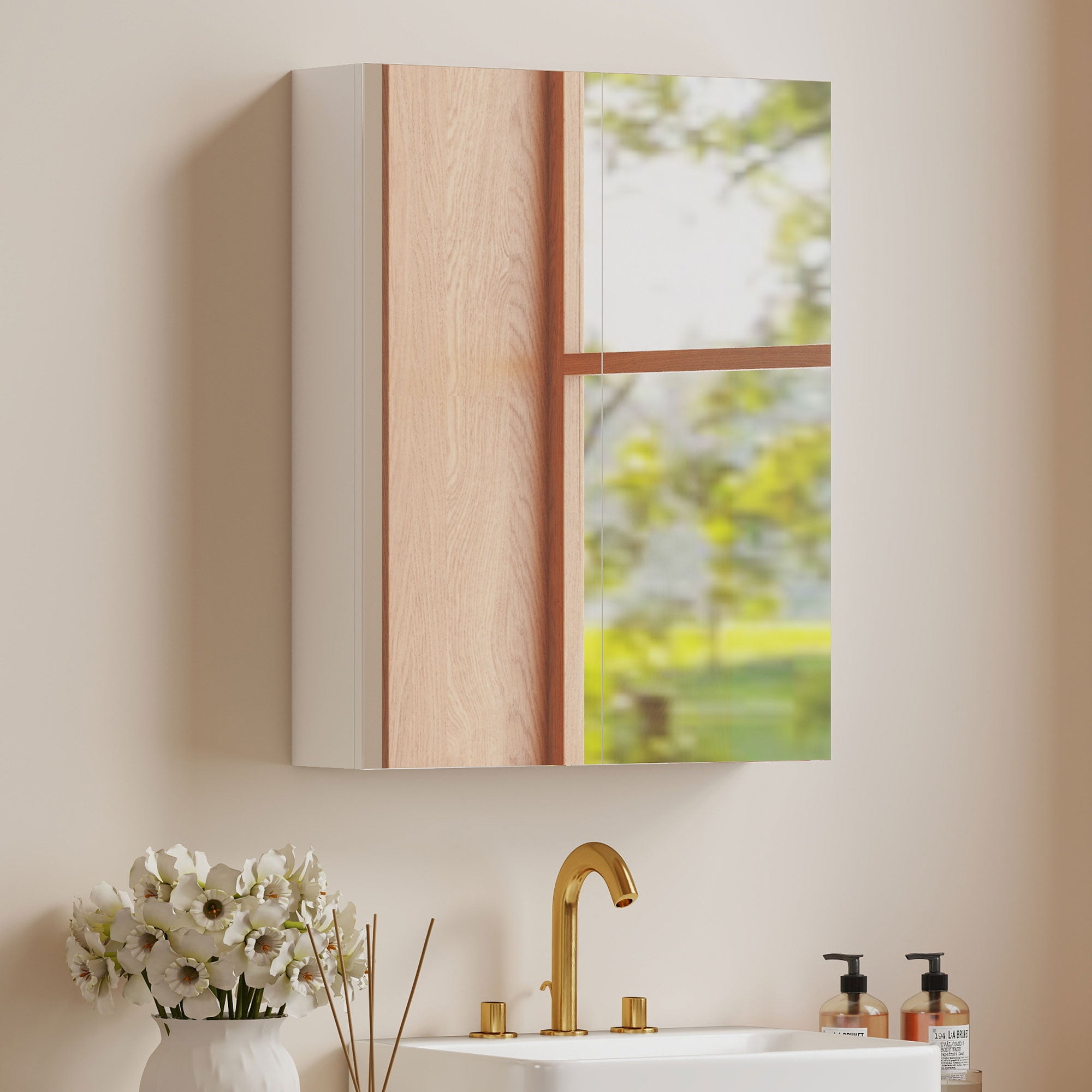 Bathroom Mirror Cabinet, 3-Tier Wall Mount Bathroom Storage Cabinet with Soft-Close Hinges and Adjustable Shelf, Double Door Cupboard, 60W x 15D x 75H cm, White