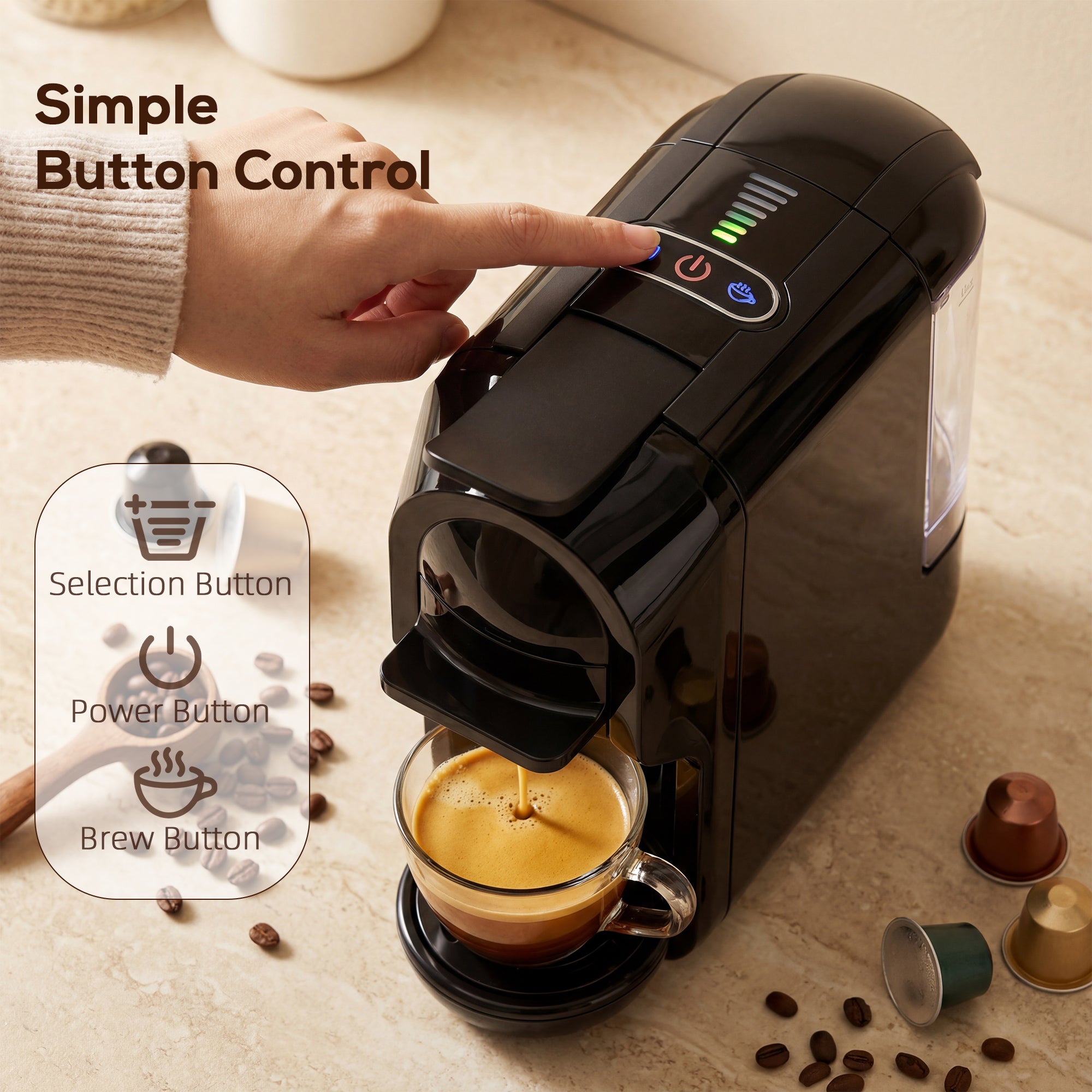 Pod Coffee Machine for Nespresso Original, Dolce Gusto Capsule and Ground Coffee, Small Semi Automatic Coffee Maker with 19 Bar Pump and 0.6L Water Tank for Home Office, Black