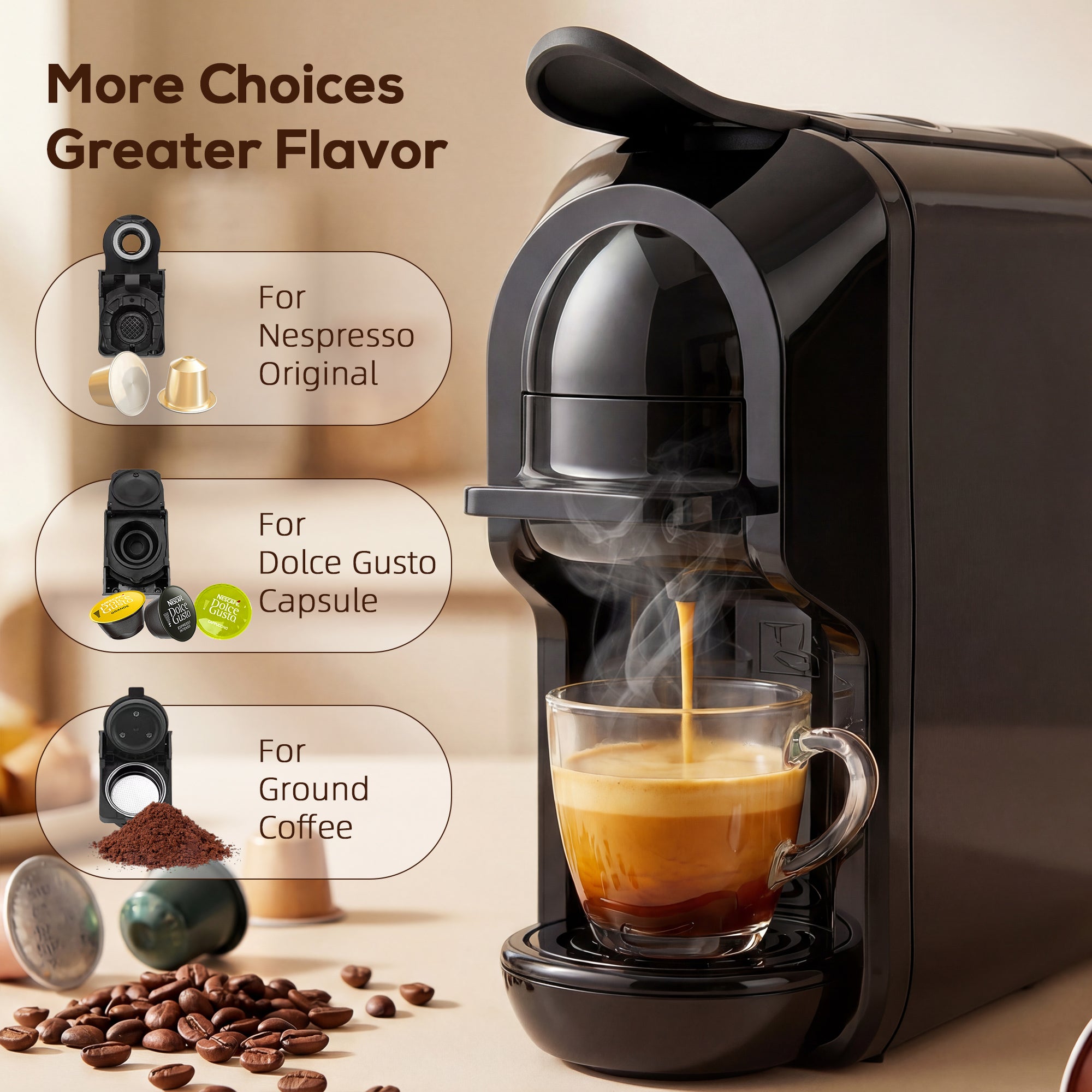 Pod Coffee Machine for Nespresso Original, Dolce Gusto Capsule and Ground Coffee, Small Semi Automatic Coffee Maker with 19 Bar Pump and 0.6L Water Tank for Home Office, Black