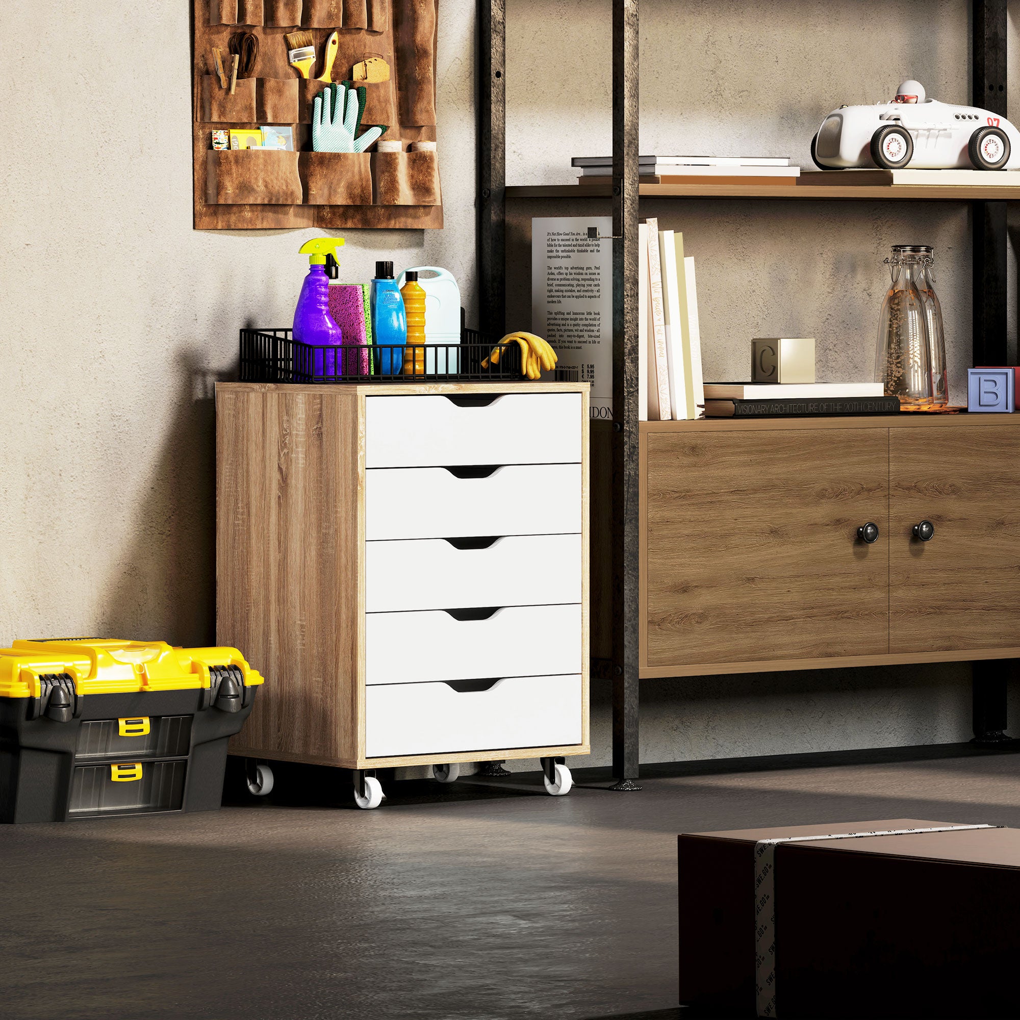 Vinsetto Vertical Filing Cabinet, 5-drawer File Cabinet, Mobile Office Cabinet on Wheels for Study, Home Office, Oak