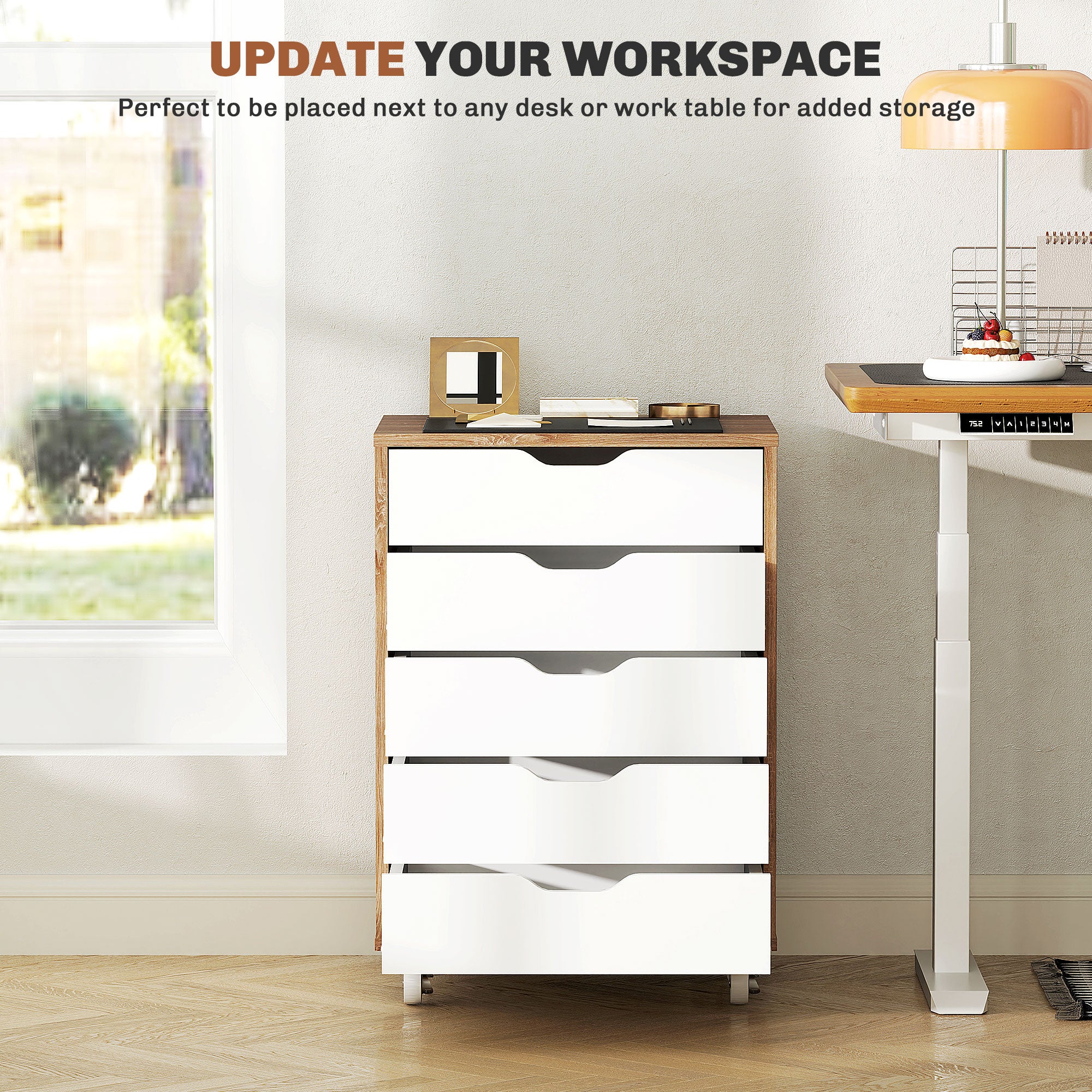 Vinsetto Vertical Filing Cabinet, 5-drawer File Cabinet, Mobile Office Cabinet on Wheels for Study, Home Office, Oak