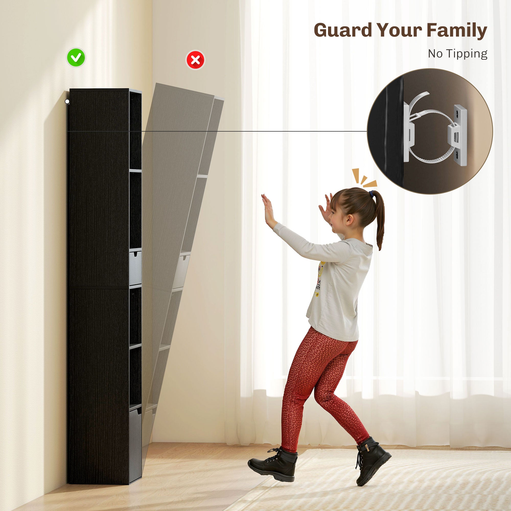 6-Tier Bookcase, Tall Narrow Bookshelf with Drawer, Door, Adjustable Shelf, Modern Display Standing Shelving Unit for Living Room, Home Office, Bedroom, 30 x 24 x 158 cm, Black