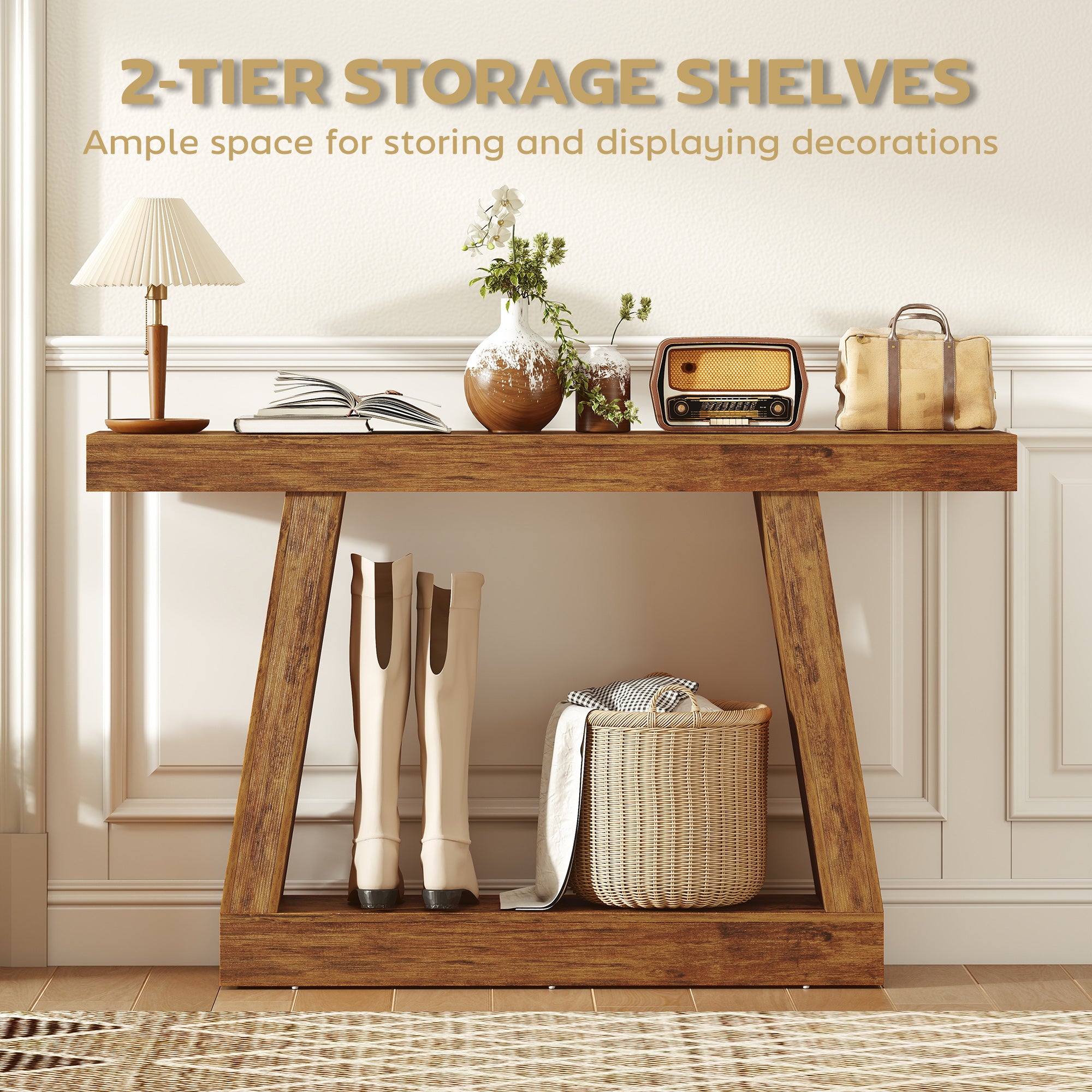 55" Farmhouse Console Table, 2-Tier Entryway Table with Storage and Thickened Tabletop for Hallway, Living Room, Entrance, Behind Couch, Dark Brown