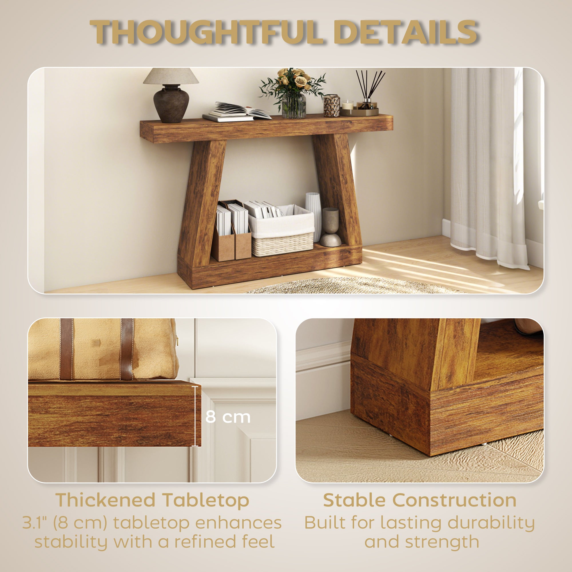 55" Farmhouse Console Table, 2-Tier Entryway Table with Storage and Thickened Tabletop for Hallway, Living Room, Entrance, Behind Couch, Dark Brown