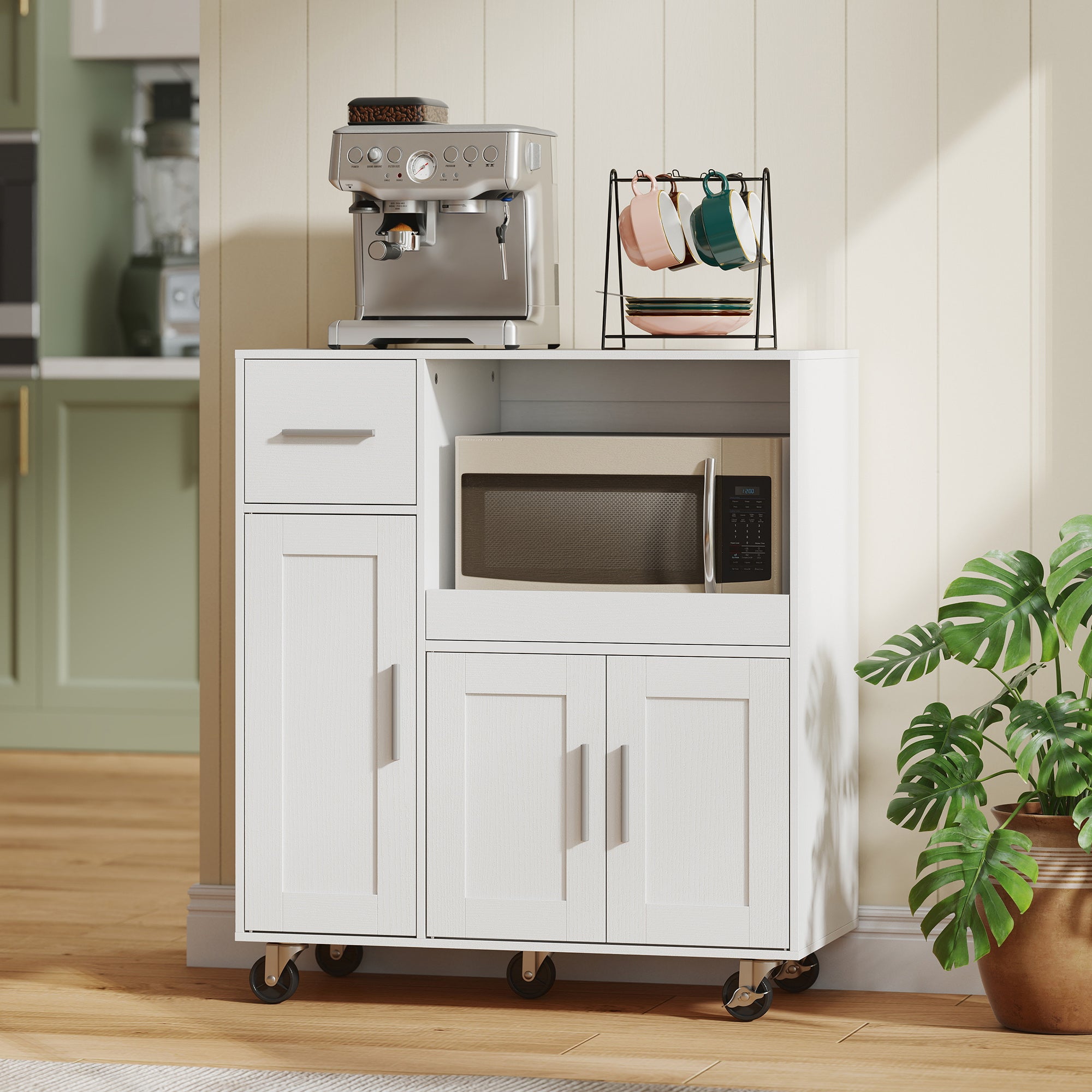 Rolling Kitchen Cart, Microwave Cabinet, Sliding Tray, Drawer, 3-Door Cupboards, Adjustable Shelf, Open Compartment, Kitchen Island, Dining Room, White