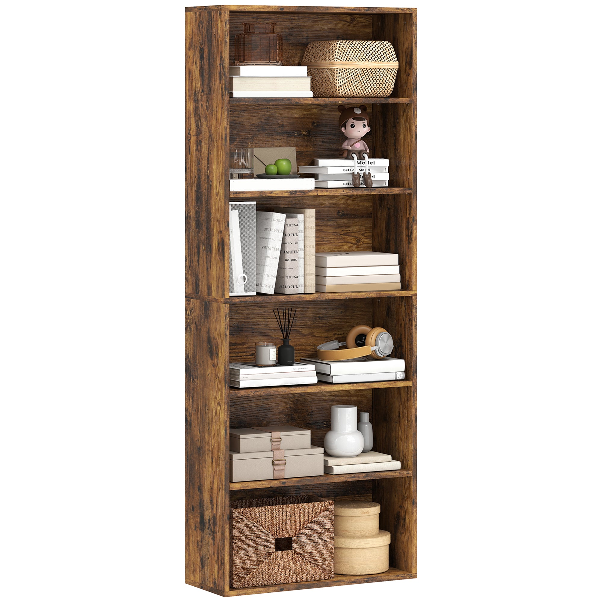 6 Tier Bookshelf, Freestanding Bookcase with Adjustable Shelves, Display Storage Unit for Living Room, Bedroom, Study, 60 x 24 x 158.5 cm, Rustic Brown