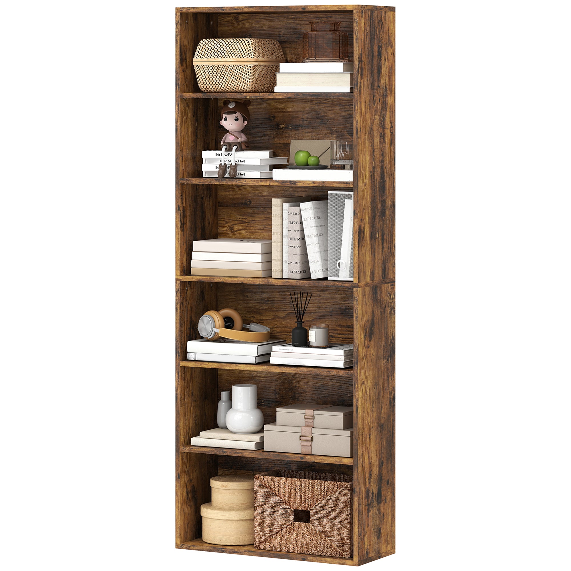 6 Tier Bookshelf, Freestanding Bookcase with Adjustable Shelves, Display Storage Unit for Living Room, Bedroom, Study, 60 x 24 x 158.5 cm, Rustic Brown