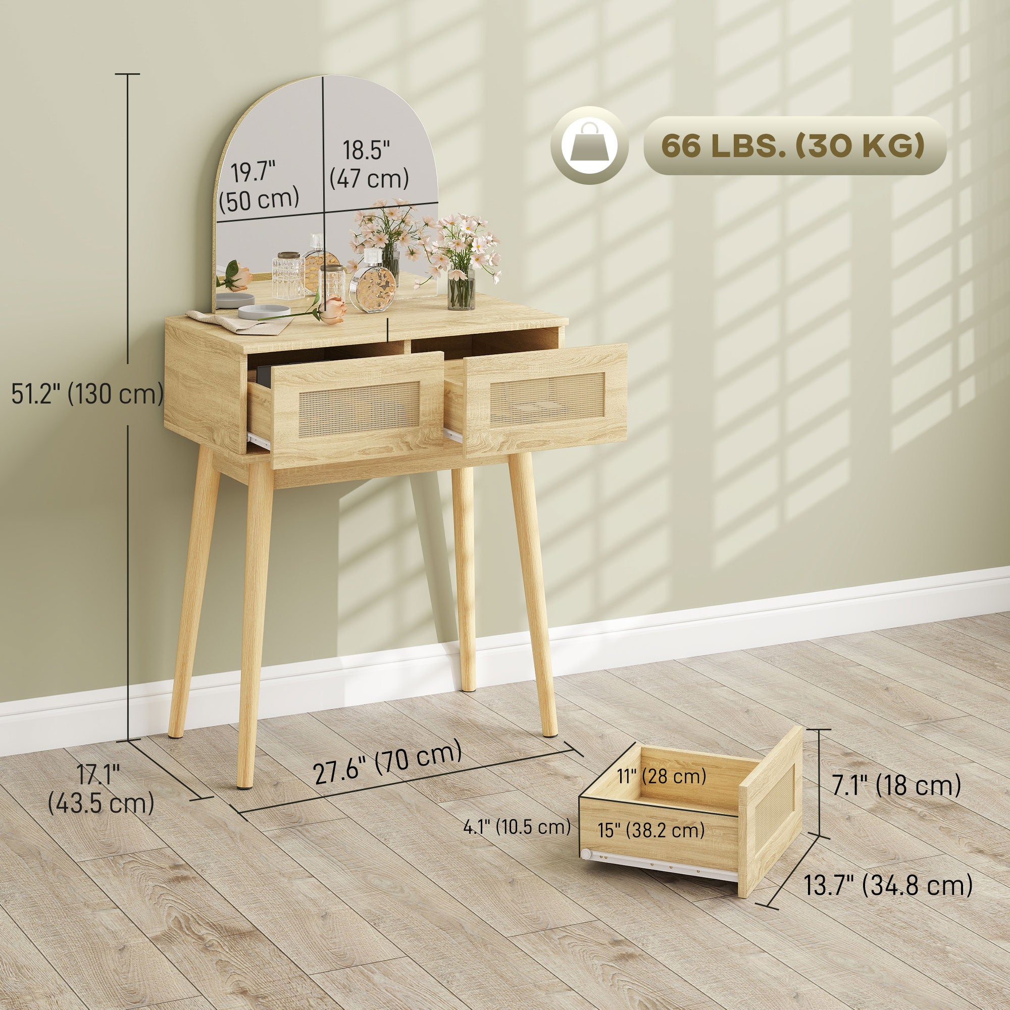 Vanity Desk with Arched Mirror, Modern Compact Makeup Vanity with 2 Drawers, Dressing Table for Bedroom, Natural Wood