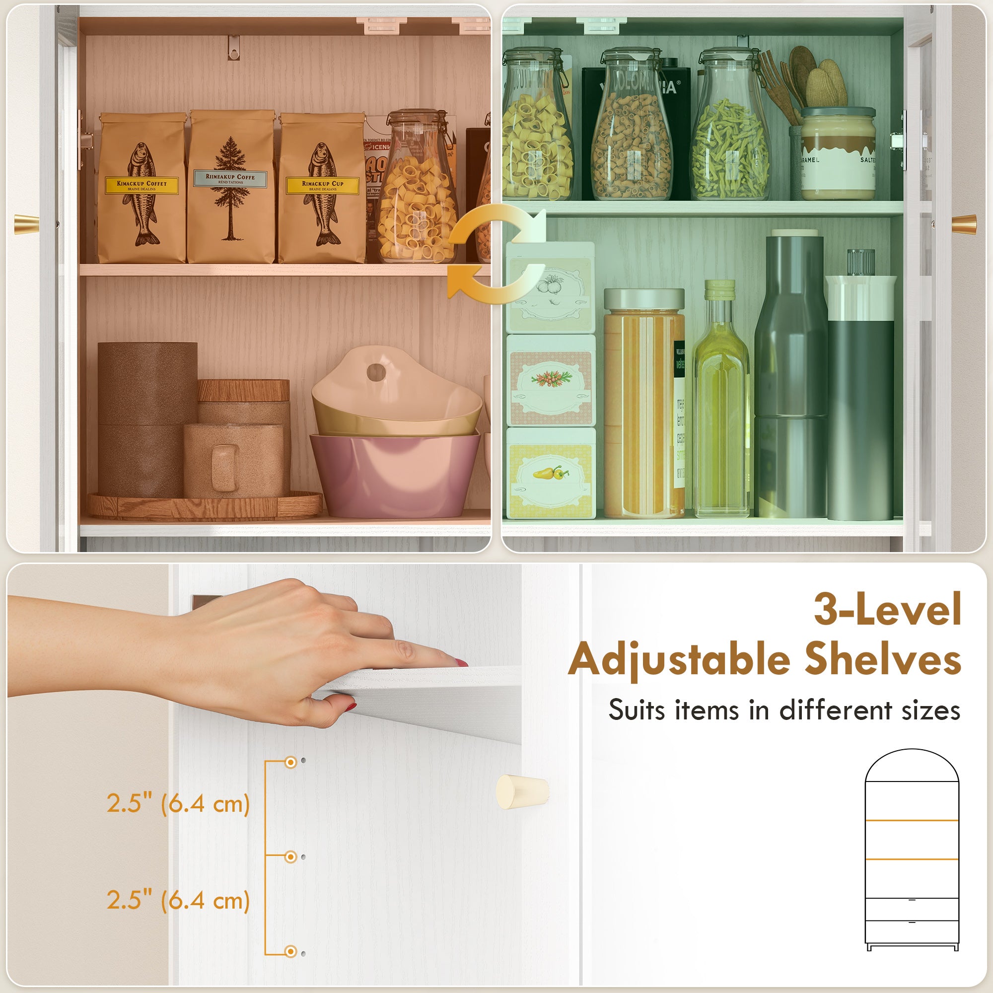 71" Tall Arched Kitchen Pantry Cabinet, Farmhouse Freestanding Kitchen Storage Cabinet with Adjustable Shelves, 2 Drawers, Acrylic Doors for Living Room, Dining Room, White