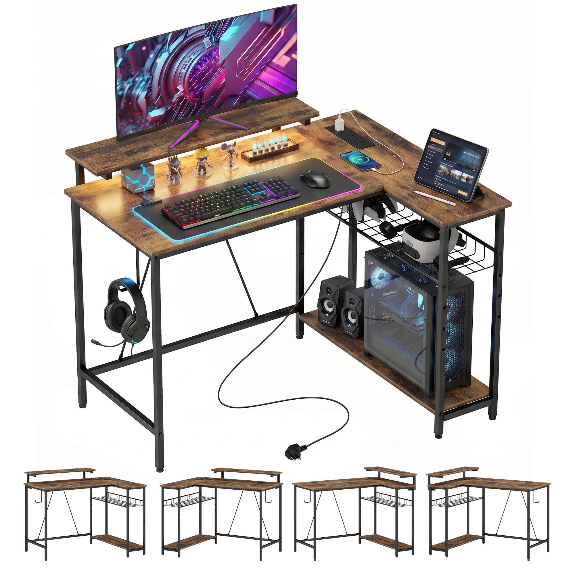L Shaped Gaming Desk with LED Lights, Power Outlet, USB Charging Ports, 107cm Reversible Corner Computer Desk with Storage Shelves, Monitor Stand for Home Office, Small Space, Rustic Brown