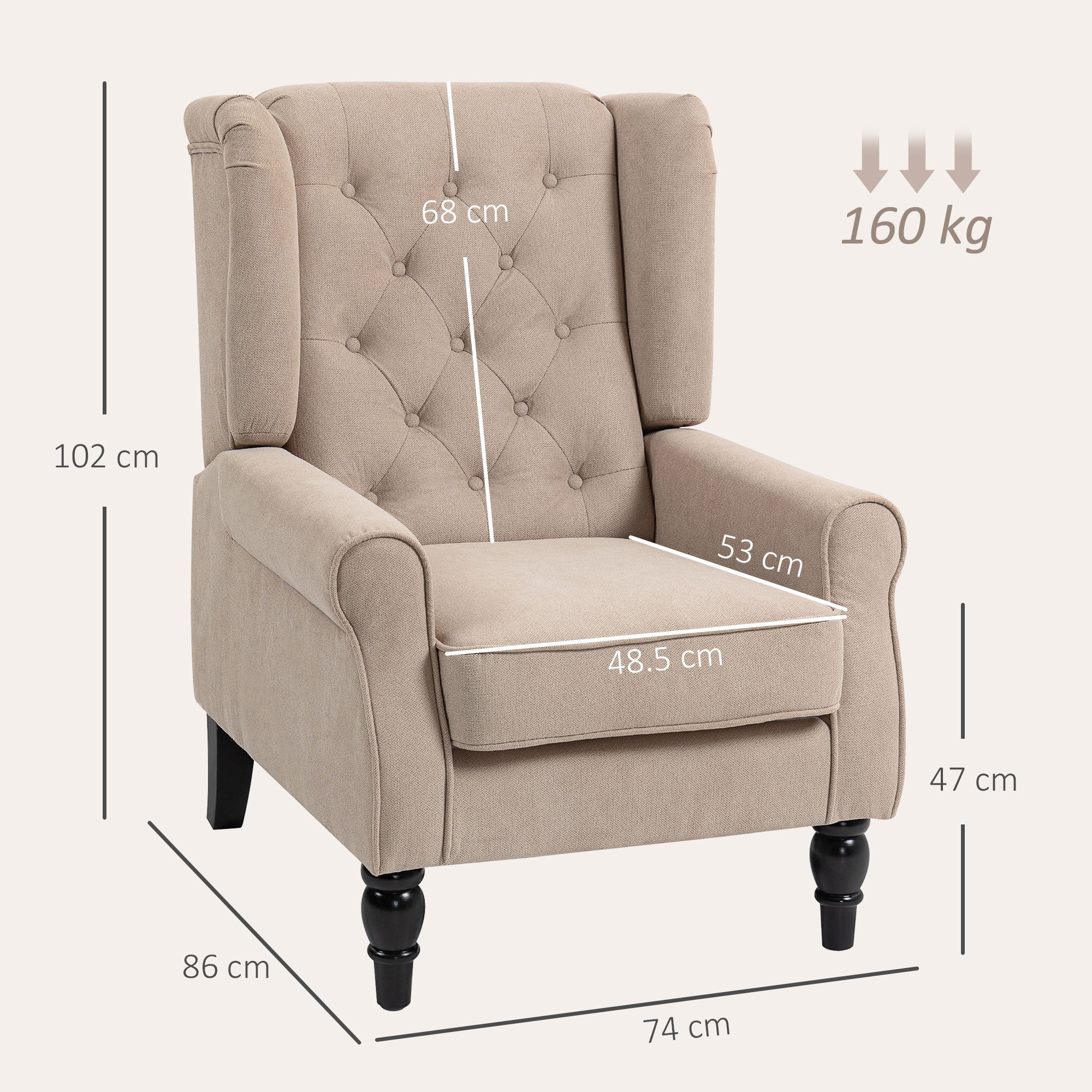 Retro Accent Chair, Snow Flannel Wingback Armchair with Wood Frame Button Tufted Design for Living Room Bedroom, Beige