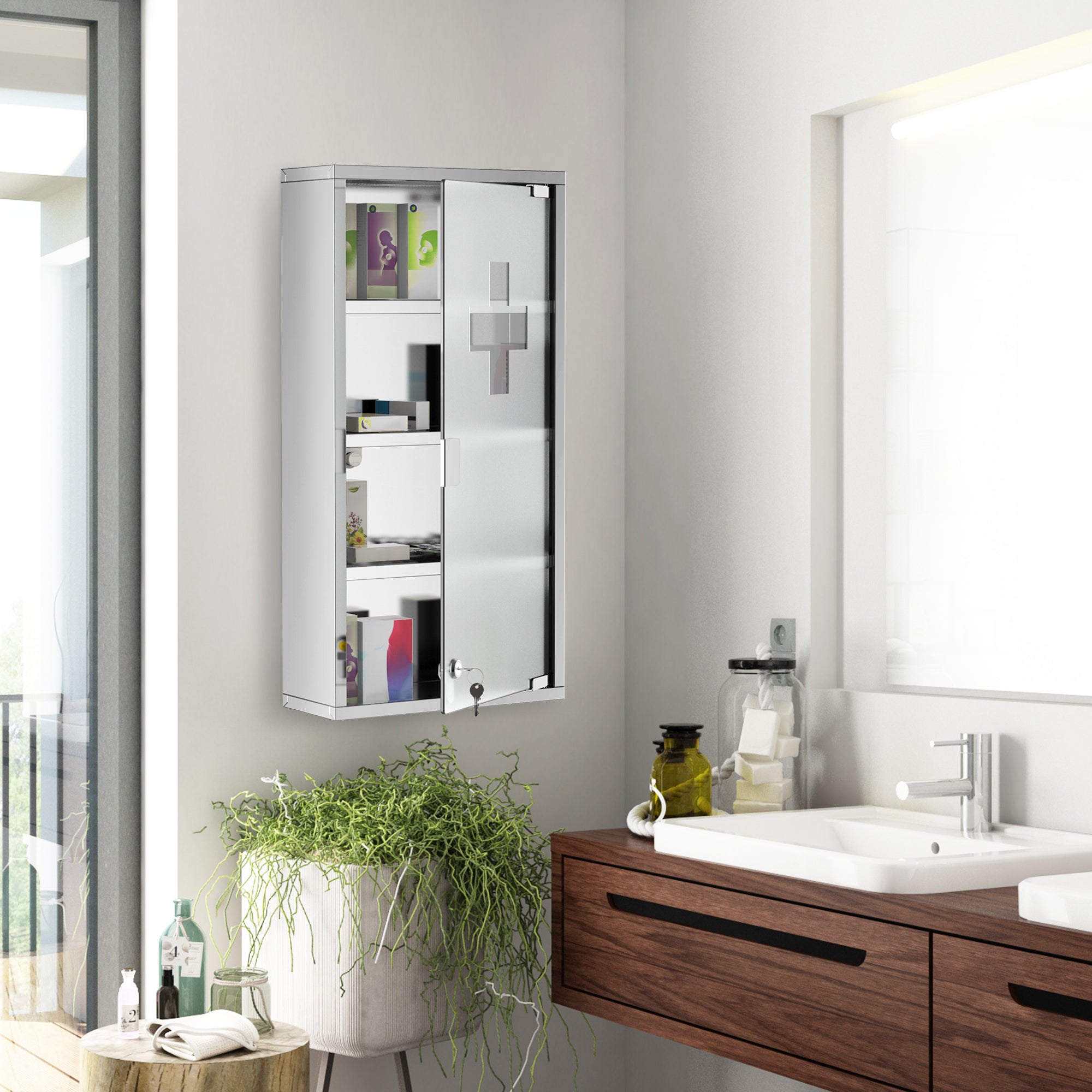 12" x 24" Stainless Steel Lockable Medicine Cabinet with 2 Keys and Shelves for Bathroom
