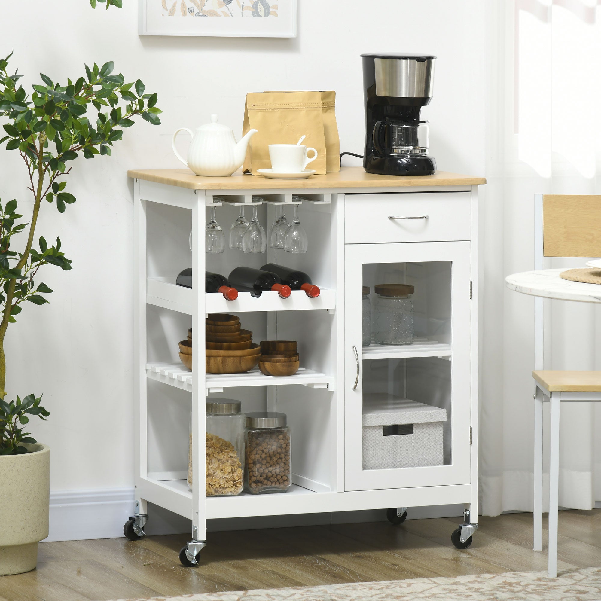 Rolling Kitchen Cart with 4-Bottle Wine Rack, Stemware Holder, Shelves & Drawer, White