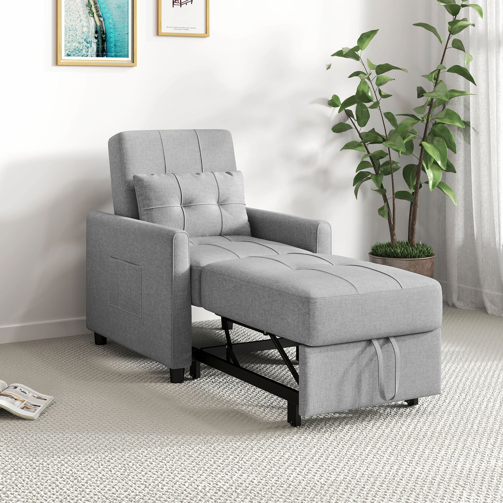 HOMCOM Compact Single Chair Bed, Pull Out Chair Bed, Convertible Sleeper Chair with Adjustable Backrest, Pillow, Side Pockets for Home Office, Bedroom, Living Room, Light Grey
