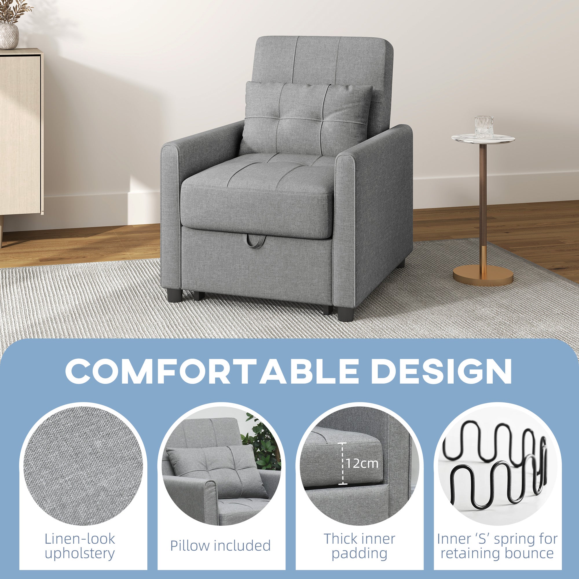 HOMCOM Compact Single Chair Bed, Pull Out Chair Bed, Convertible Sleeper Chair with Adjustable Backrest, Pillow, Side Pockets for Home Office, Bedroom, Living Room, Light Grey