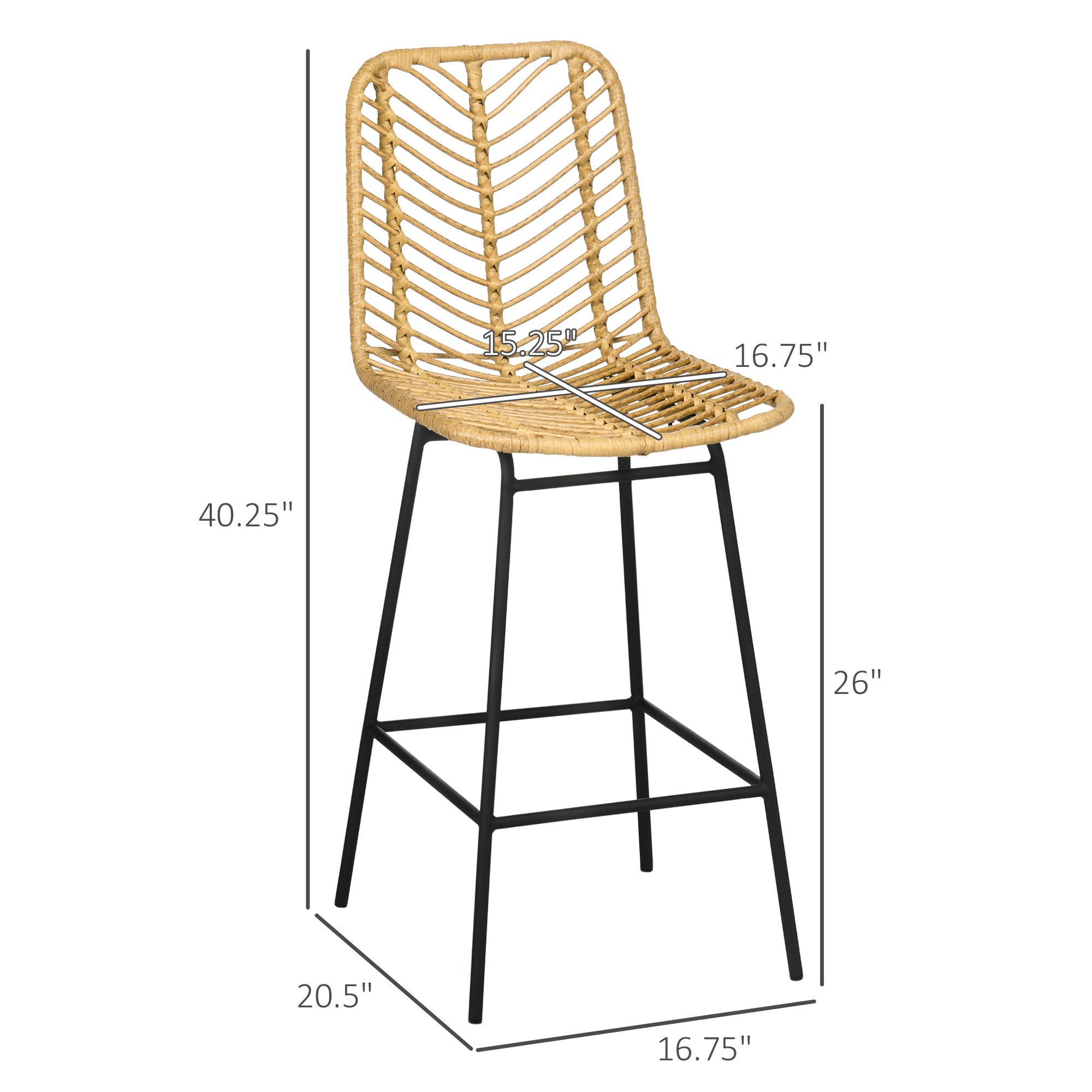 2 Piece Wicker Rattan Barstools with Steel Legs & Footrest for Kitchen Pub, ellow