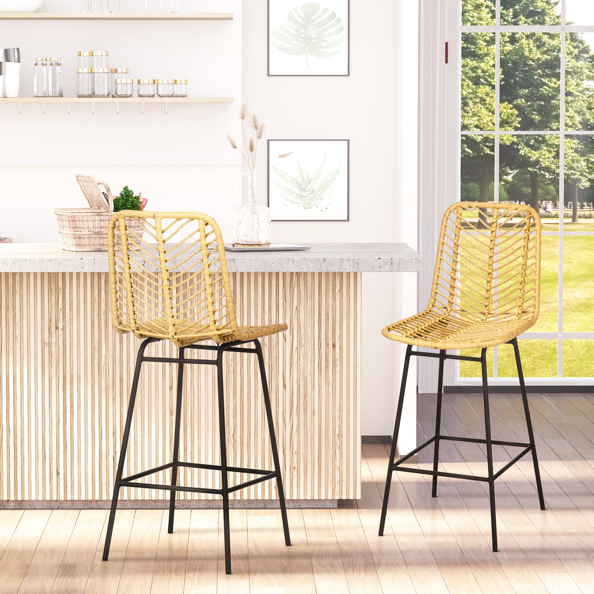 2 Piece Wicker Rattan Barstools with Steel Legs & Footrest for Kitchen Pub, ellow