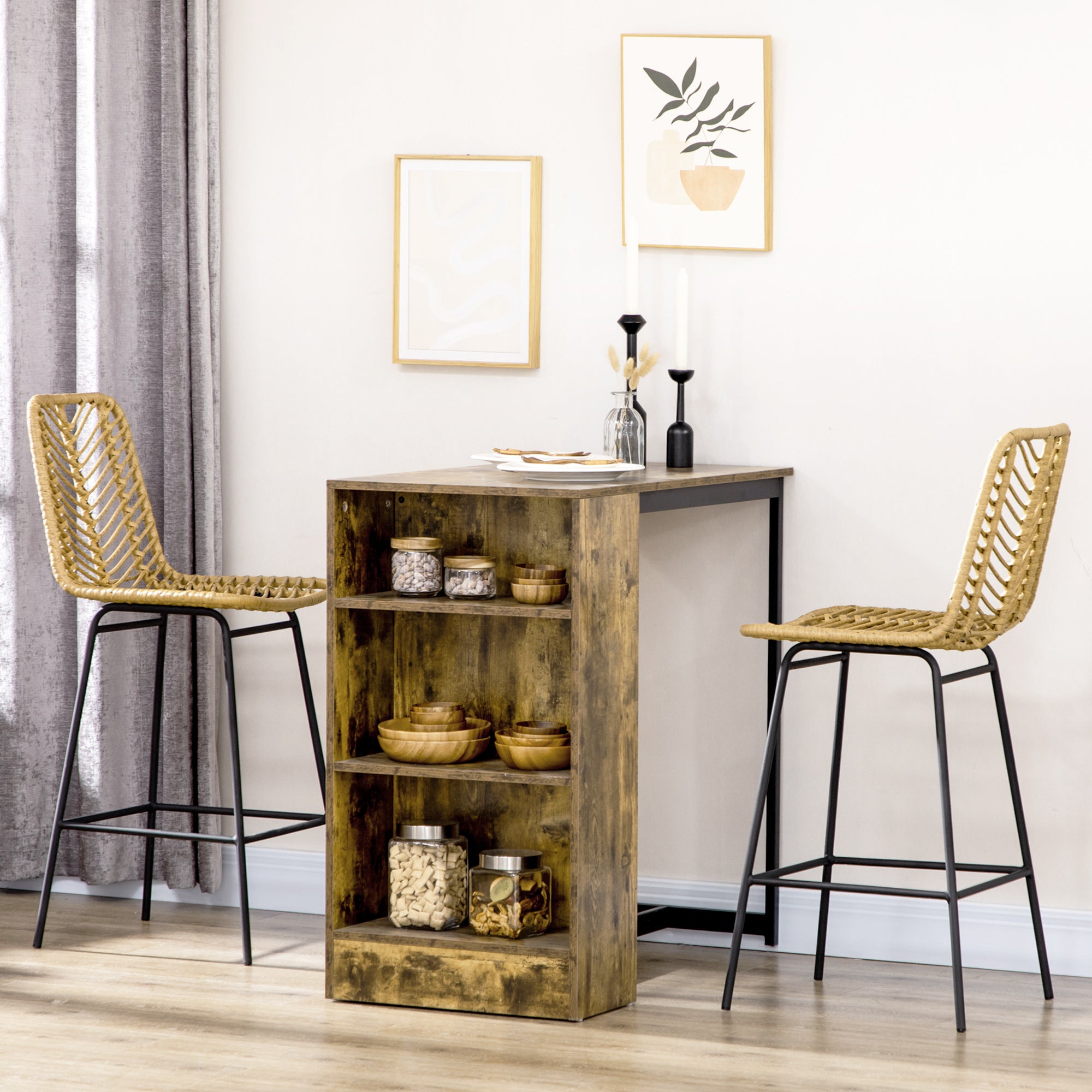 2 Piece Wicker Rattan Barstools with Steel Legs & Footrest for Kitchen Pub, ellow