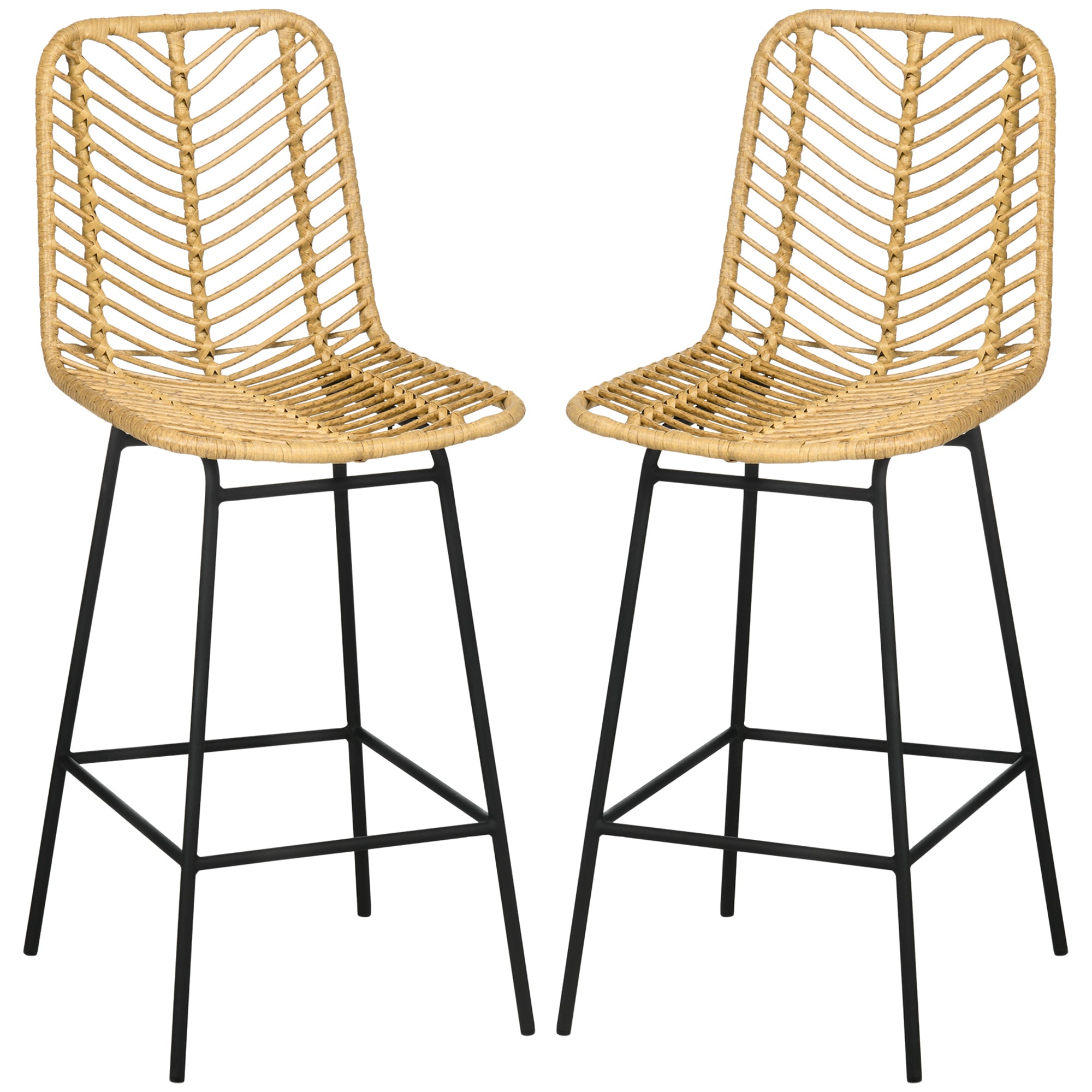 2 Piece Wicker Rattan Barstools with Steel Legs & Footrest for Kitchen Pub, ellow