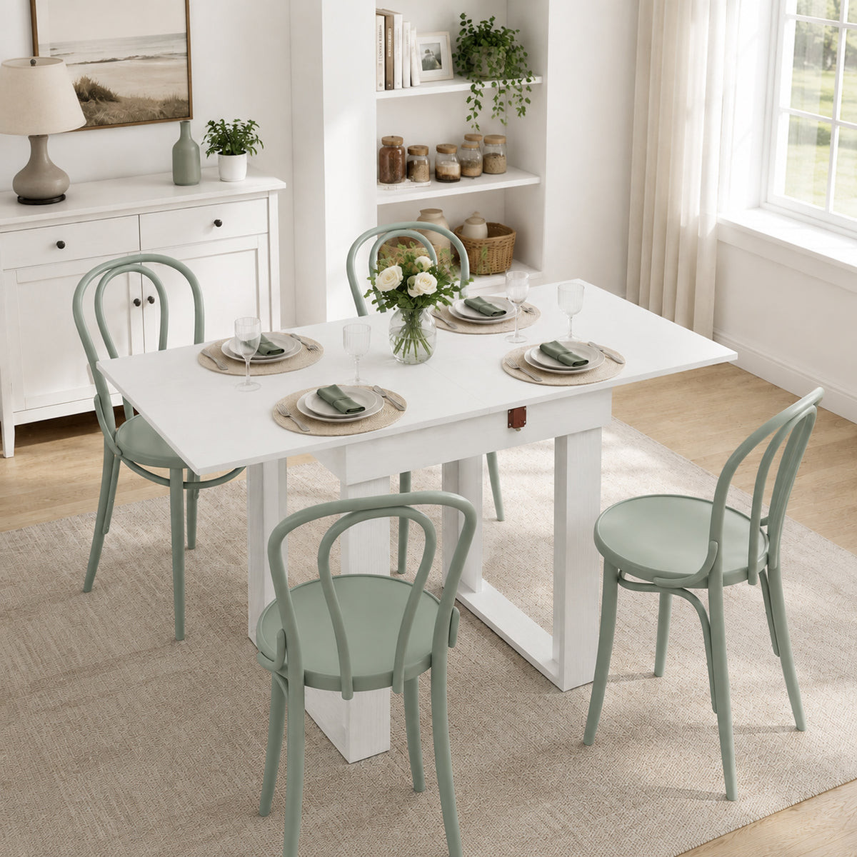 Folding Dining Table for 4 with Under-Table Storage, 70-140 cm Modern Extendable Kitchen Table with Steel Rail, Space-Saving for Kitchen, Dining Room, White