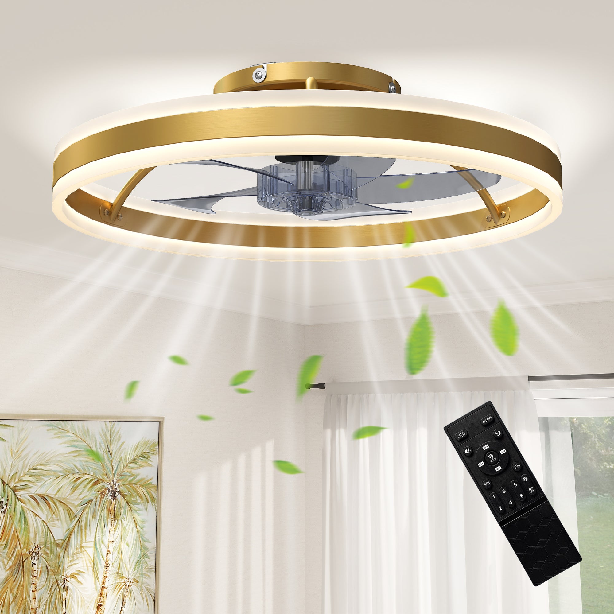 Ceiling Fans with Lights and Remote & App Control, 50 cm Modern LED Ceiling Fan Light with 3 Colour Temperatures, 6 Speed, Dimmable, Timer Quiet Reversible DC Motor, for Bedroom, Gold Tone
