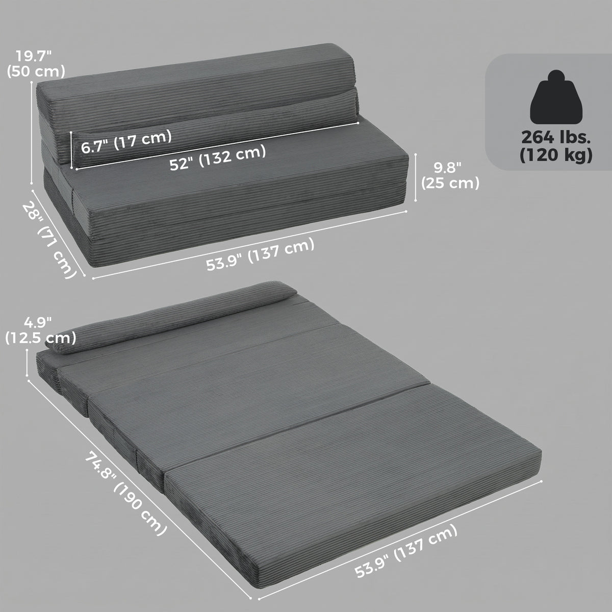54" Folding Sofa Bed, Boneless Cloud Corduroy Sleeper Floor Chair, Floor Sofa with Back Support, Thick Cushion, Lumbar Pillow, Side Pockets for Living Room, Dark Grey