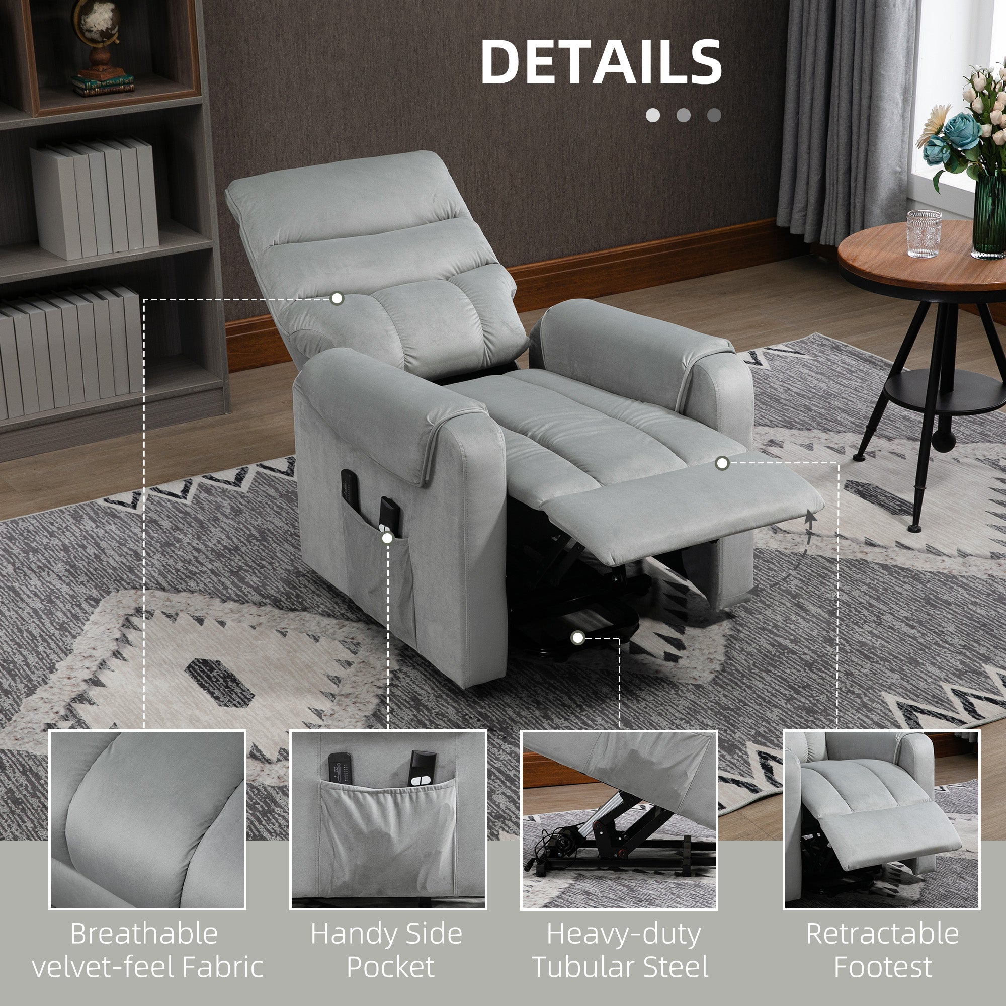 HOMCOM Recliner Electric Power Lift Chair for Elderly with 8 Vibration Massage Points, Upholstered Reclining Chair with Remote Controls, Side Pockets, Grey