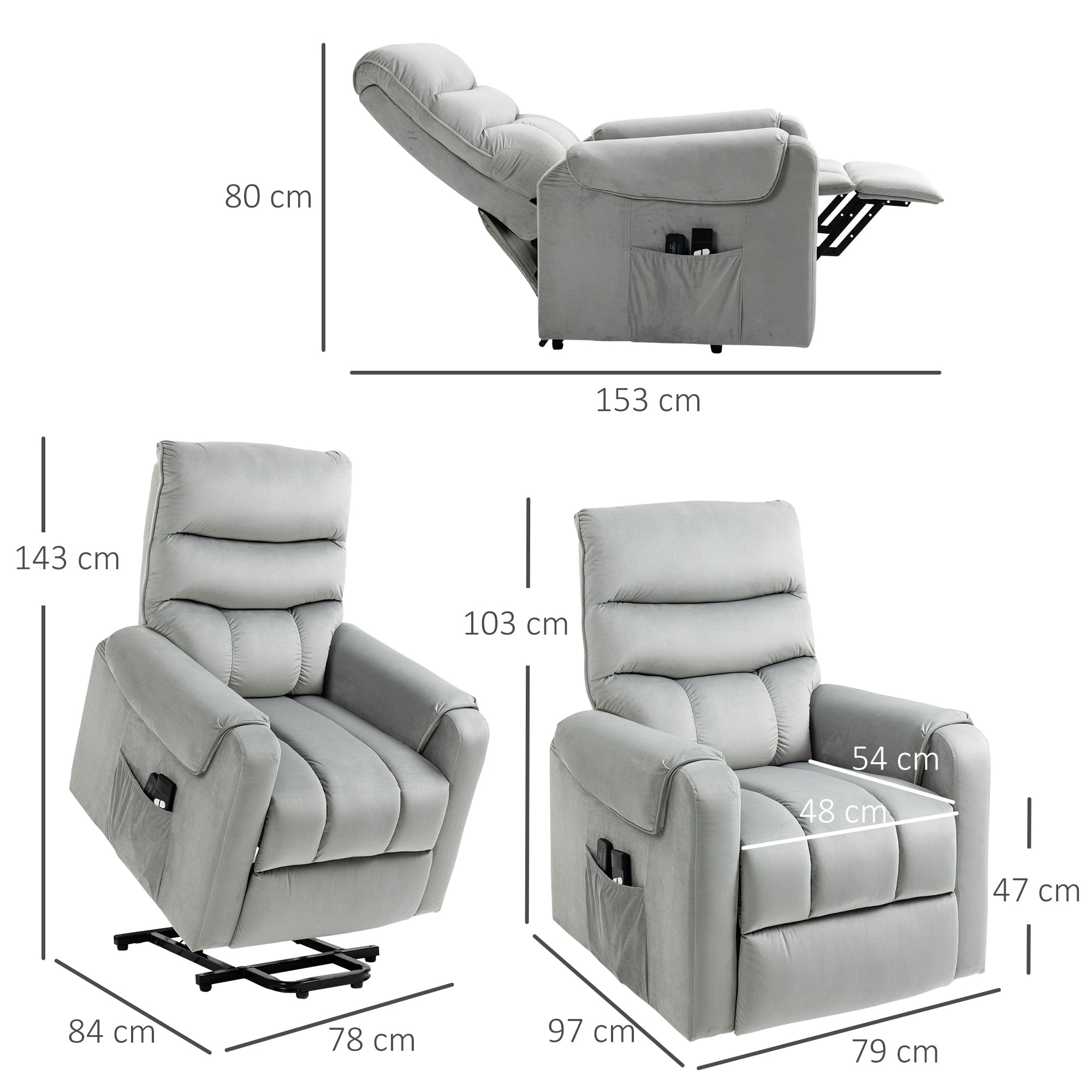 HOMCOM Recliner Electric Power Lift Chair for Elderly with 8 Vibration Massage Points, Upholstered Reclining Chair with Remote Controls, Side Pockets, Grey